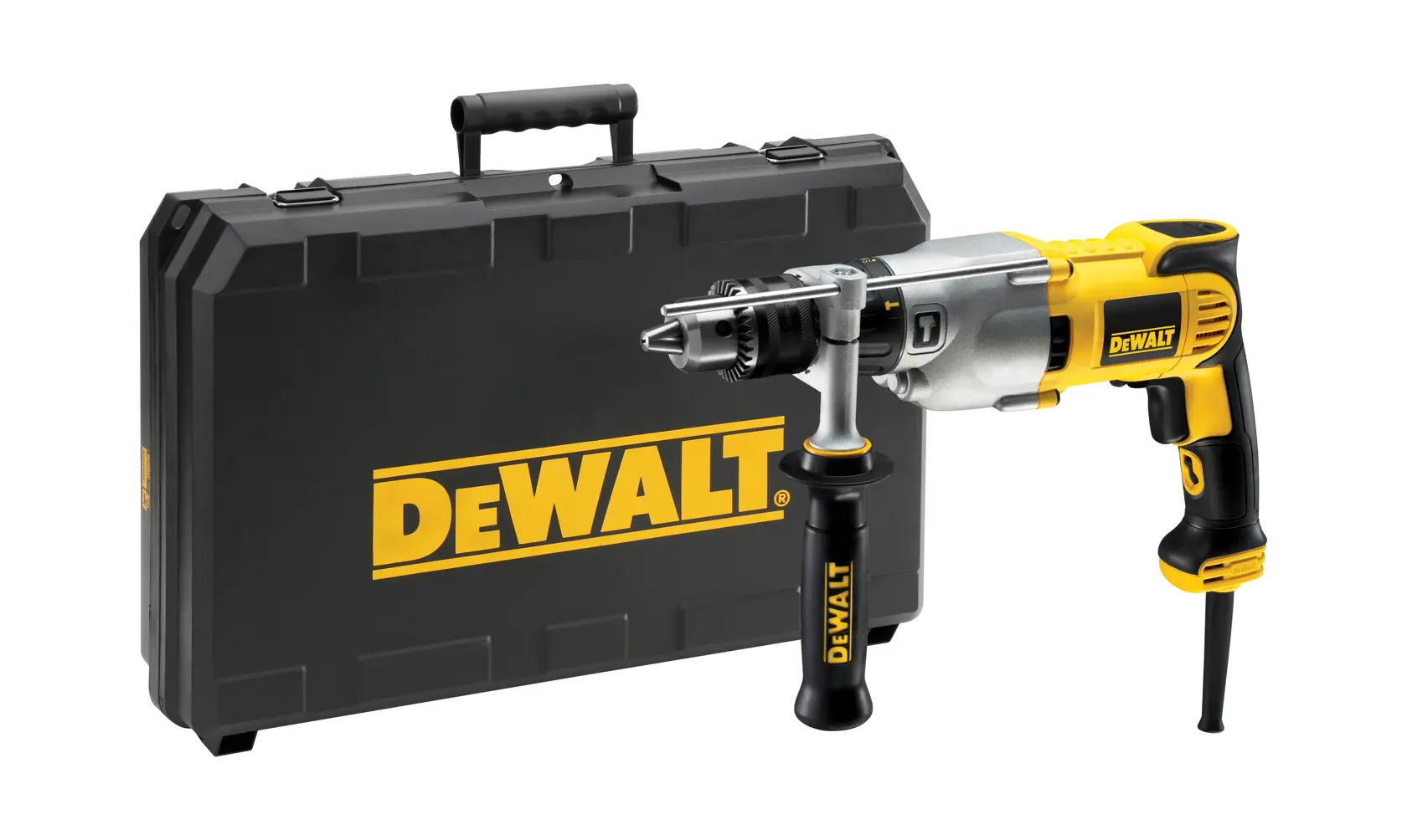 A DEWALT D21570K electric drill with a side handle and a yellow and black design.