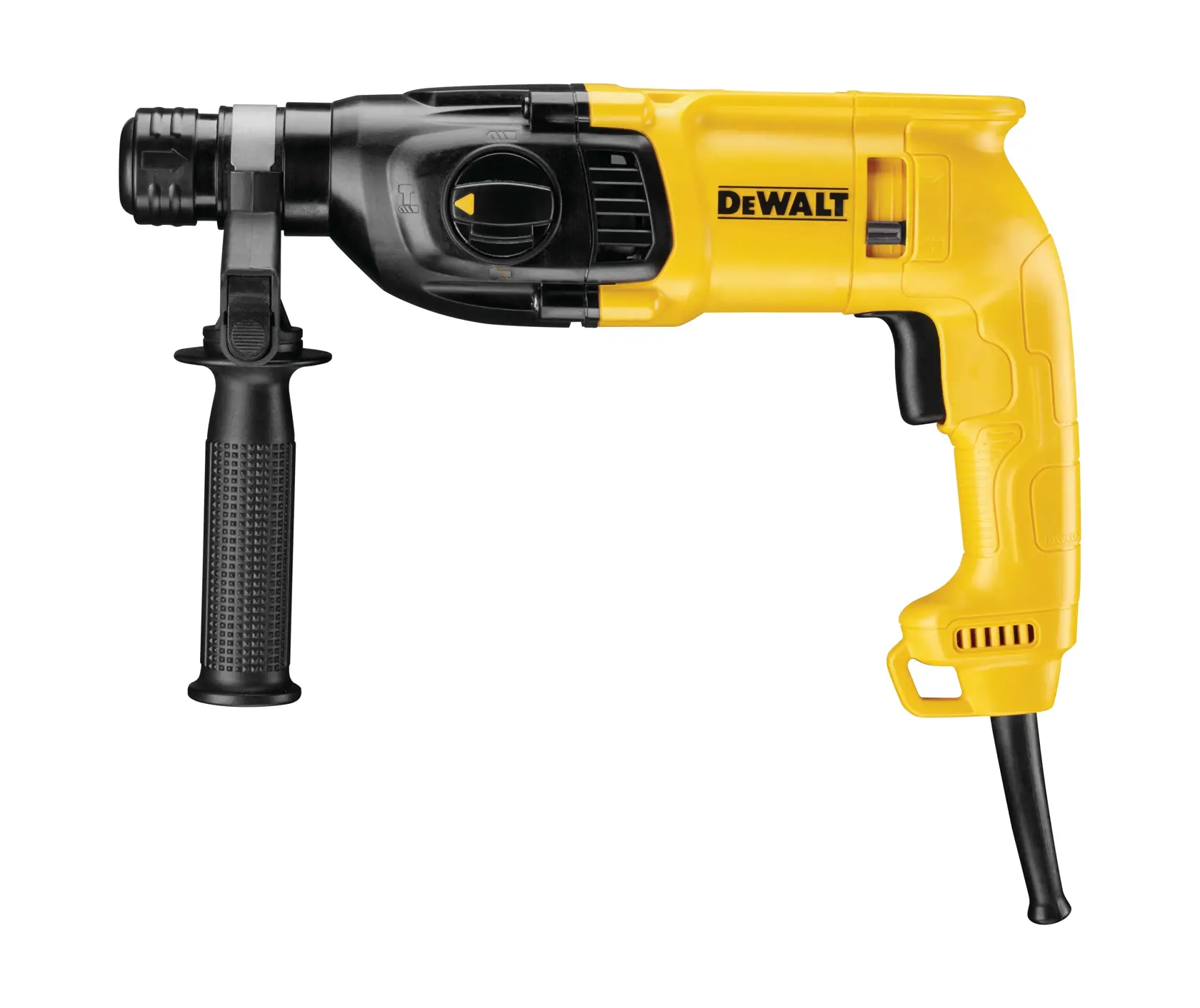 Gelber und schwarzer DEWALT kabelgebundener Bohrhammer mit Zusatzgriff, vor weißem Hintergrund gezeigt.