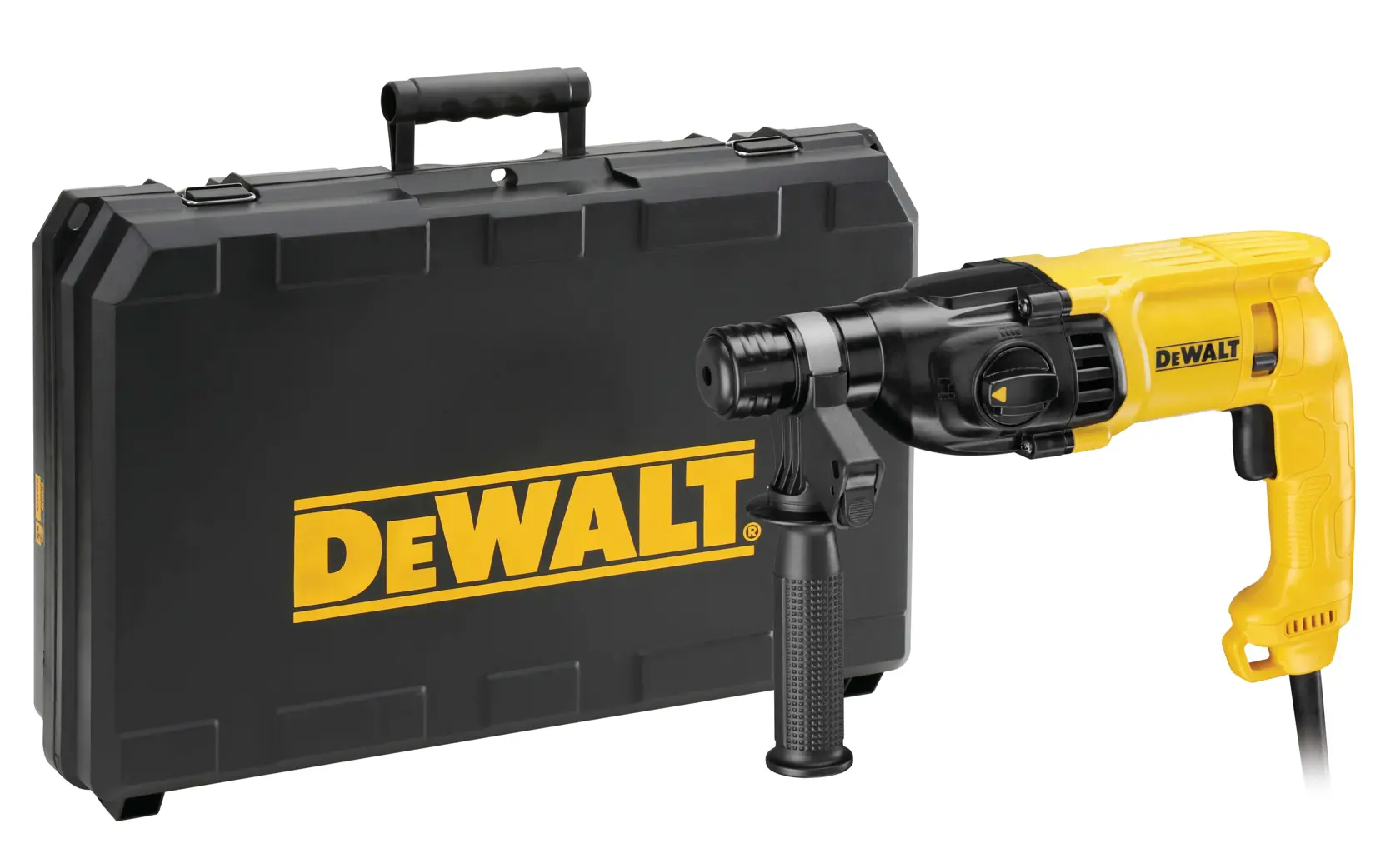 Ein gelber und schwarzer DEWALT-Bohrhammer, zusammen mit einem schwarzen Transportkoffer, der das gelbe DEWALT-Logo trägt.