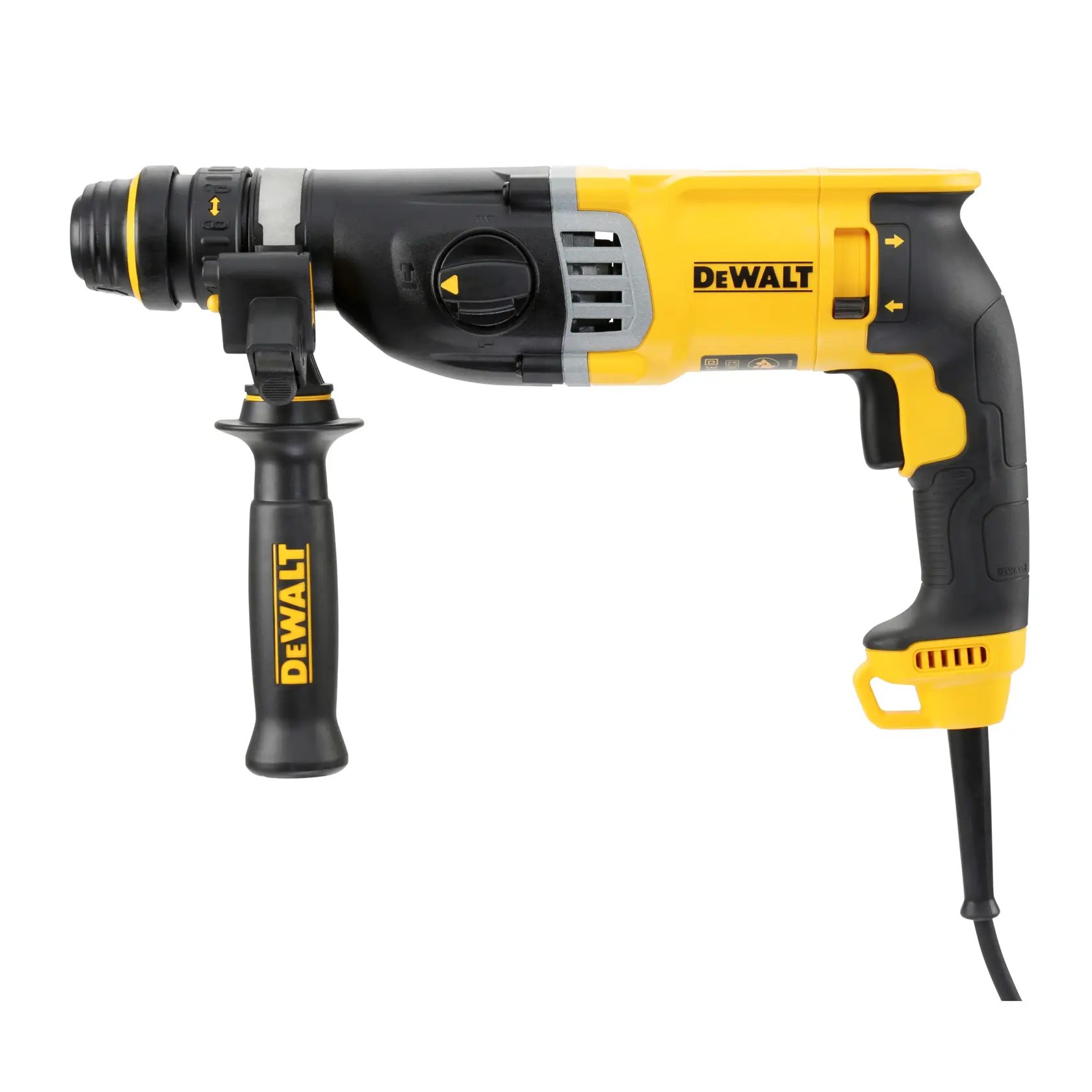 Ein kabelgebundener elektrischer Bohrhammer von DEWALT in Schwarz und Gelb mit Seitenhandgriff, seitlich abgebildet.