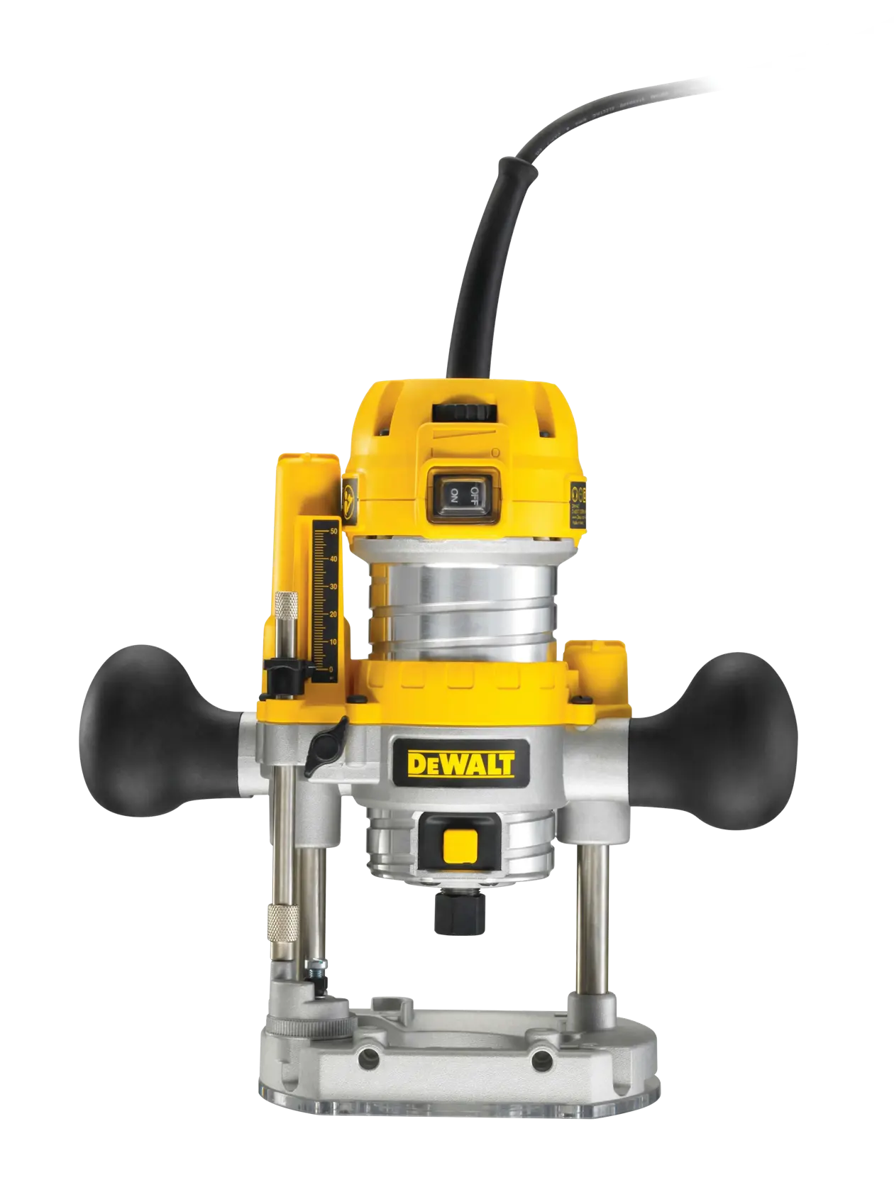 DEWALT D26203 Fräse mit zwei Griffen und Tiefenverstellung, kabelgebunden, gelb und silber.