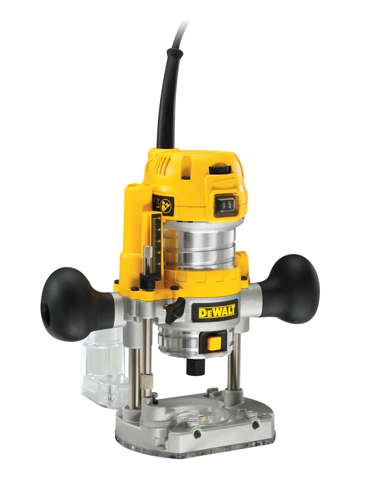 Ein DEWALT D26203 Tauchfräser mit gelb-schwarzem Design, zwei ergonomischen seitlichen Griffen, einer transparenten Basis und einem Netzkabel, geeignet für Holzarbeiten und präzise Schneidaufgaben.