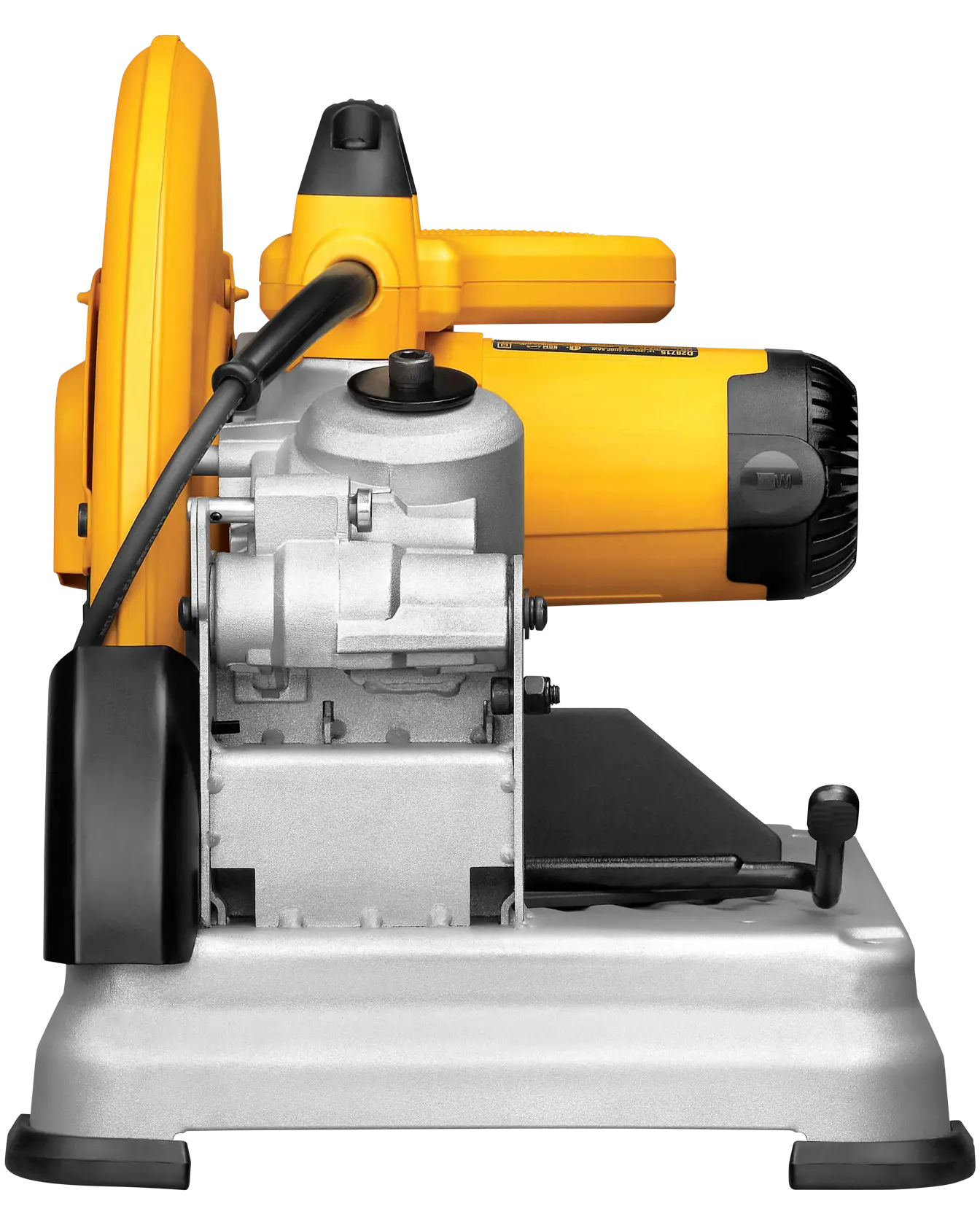 Seitenansicht einer robusten DEWALT D28715 Trennsäge mit gelbem und schwarzem Motorgehäuse sowie stabilem Metallfuß, geeignet zum Schneiden von Metallmaterialien.