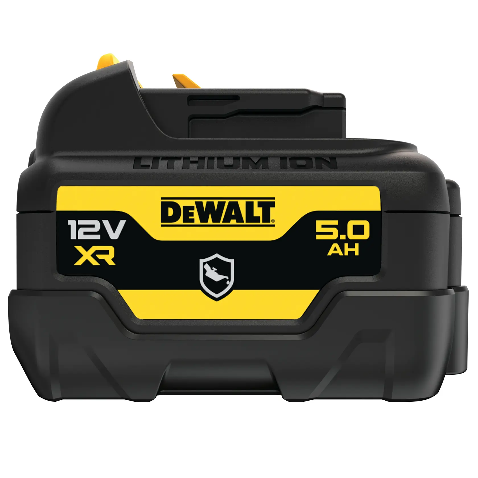 Ein DEWALT 12V MAX 5Ah Lithium-Ionen-Akku, mit schwarzem und gelbem Design, geeignet für Elektrowerkzeuge.