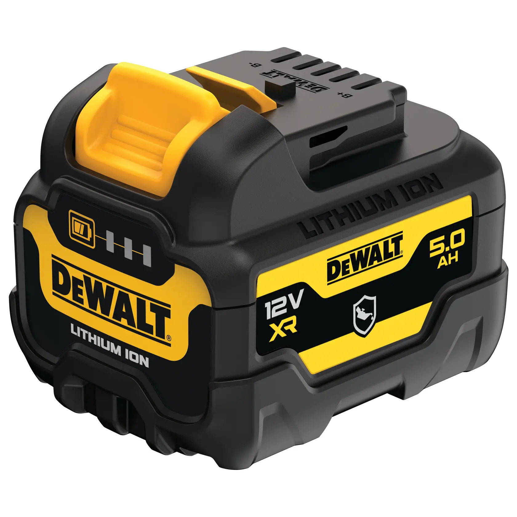 Ein DEWALT 12V Max Lithium-Ionen-Akkupack mit einer Kapazität von 5 Amperestunden. Der Akku hat ein gelb-schwarzes Design, DEWALT-Branding und Anzeigeleuchten auf der Vorderseite.