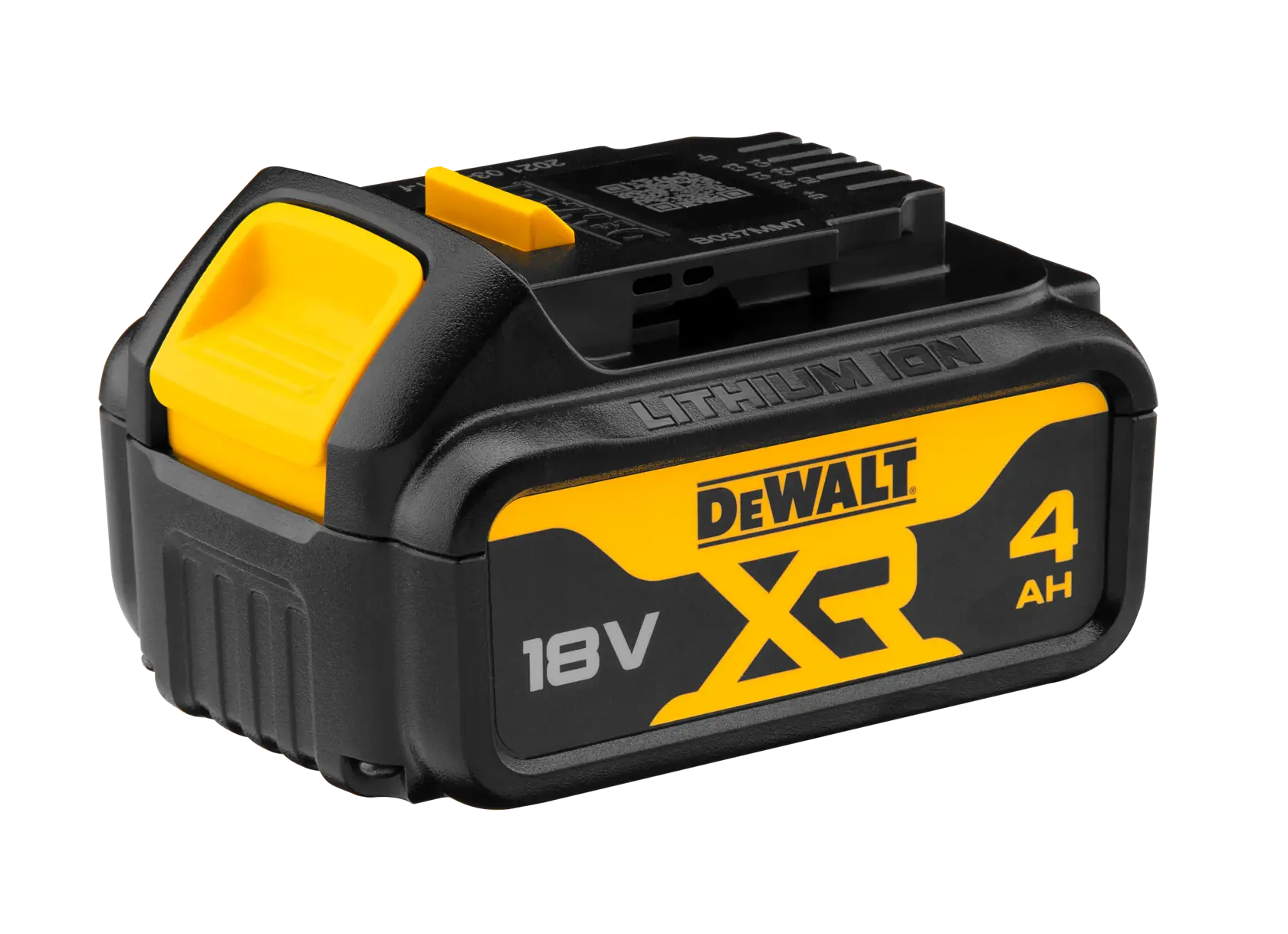 DEWALT XR Lithium-Ion 18V 4Ah wiederaufladbare Batterie, schwarz und gelb, aus einem Winkel gezeigt.