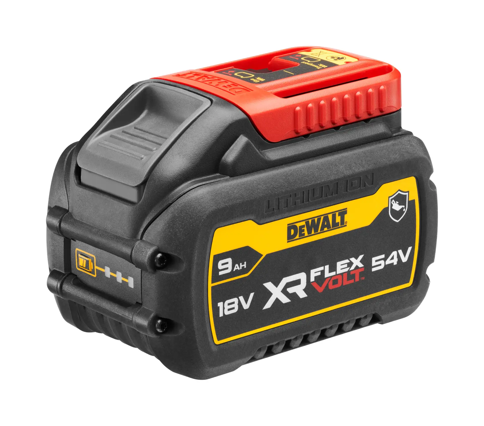 DEWALT FLEXVOLT Logo mit DEWALT in fettgedruckten gelben Buchstaben und FLEXVOLT in weißen und roten Buchstaben auf schwarzem Hintergrund.