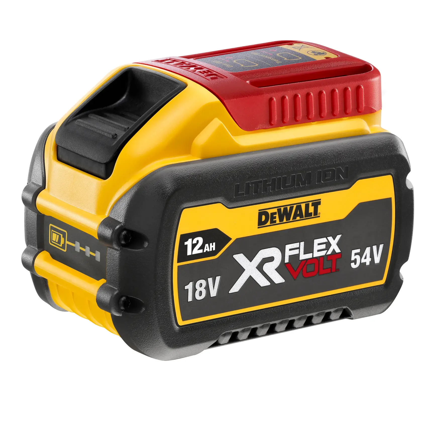DEWALT XR FLEXVOLT Lithium-Ionen-Akkupack, Modell DCB548, mit 12Ah Kapazität und wählbarer 18V oder 54V Leistung, in den Farben Gelb, Schwarz und Rot sowie mit Markenaufdruck.