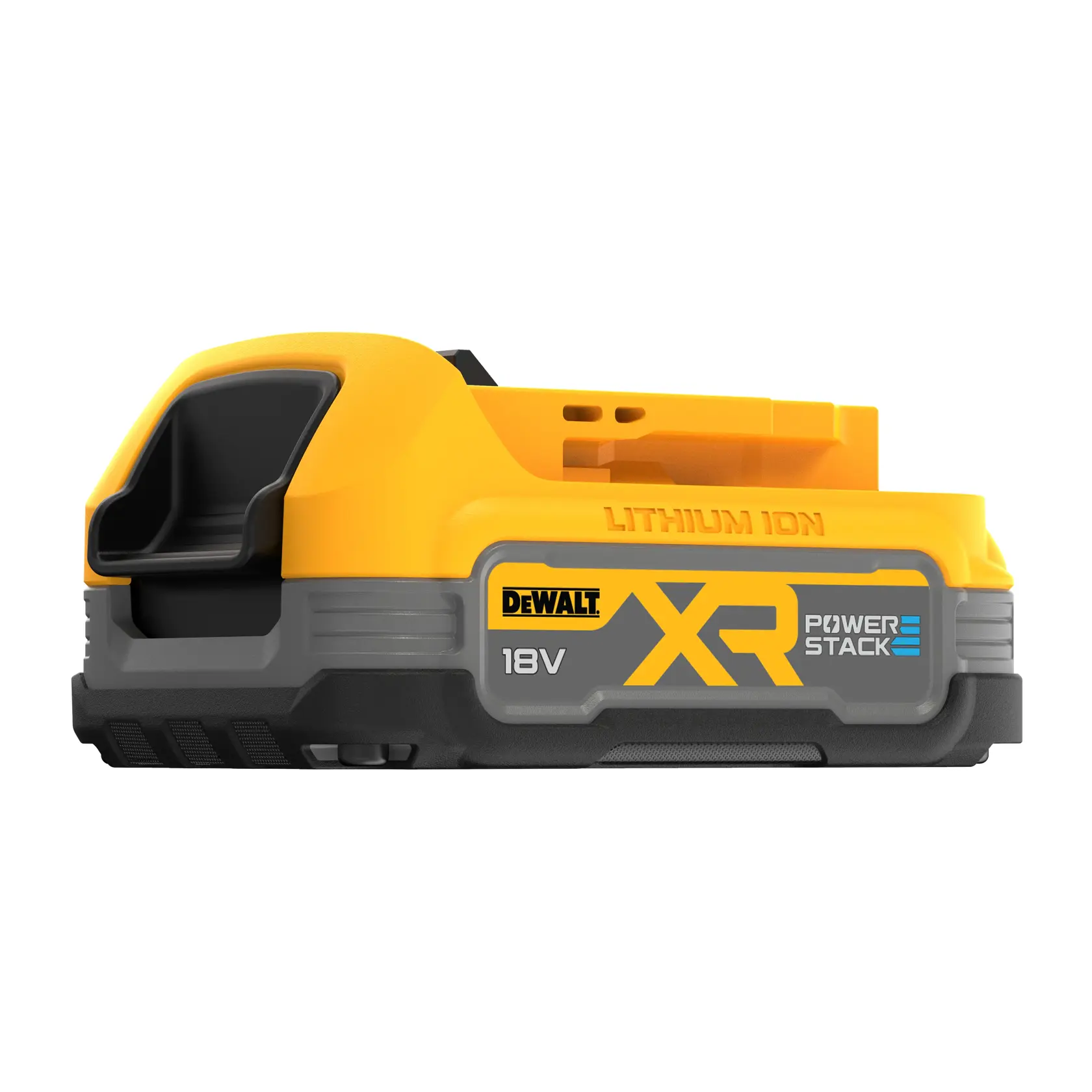 DEWALT XR POWERSTACK 18V Lithium-Ionen-Akku, gelb-grau, vor weißem Hintergrund.