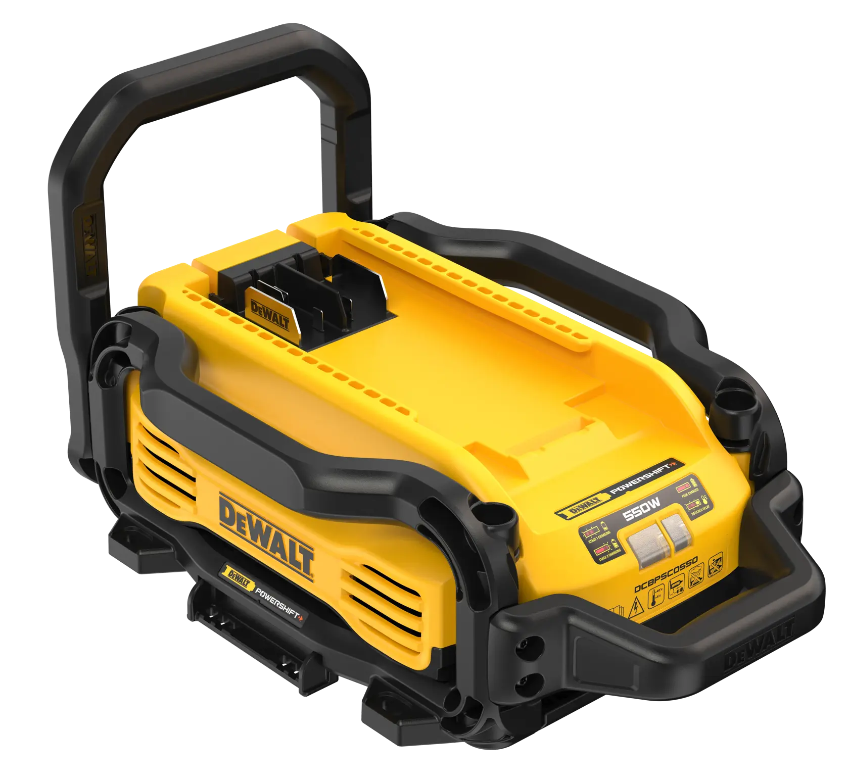 DEWALT DCBPSC0550 tragbare gelb-schwarze Powerstation mit Griff und Batterieschacht.