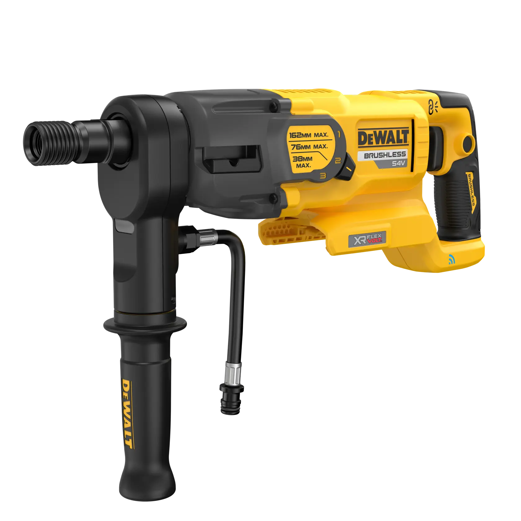 DEWALT DCD150NK bürstenlose Bohrmaschine mit Griff und Anschluss in Gelb und Schwarz.