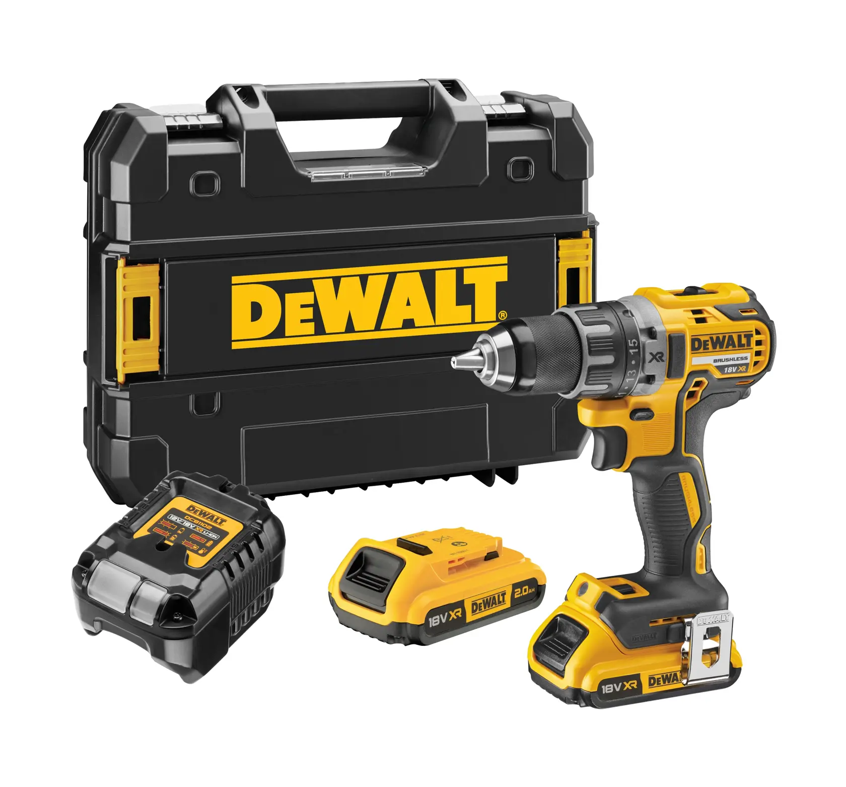 Ein DEWALT Akku-Bohrmaschinen-Set mit einer gelb-schwarzen Akkubohrmaschine, zwei wiederaufladbaren Akkus, einem Ladegerät und einem Transportkoffer mit dem DEWALT-Logo.
