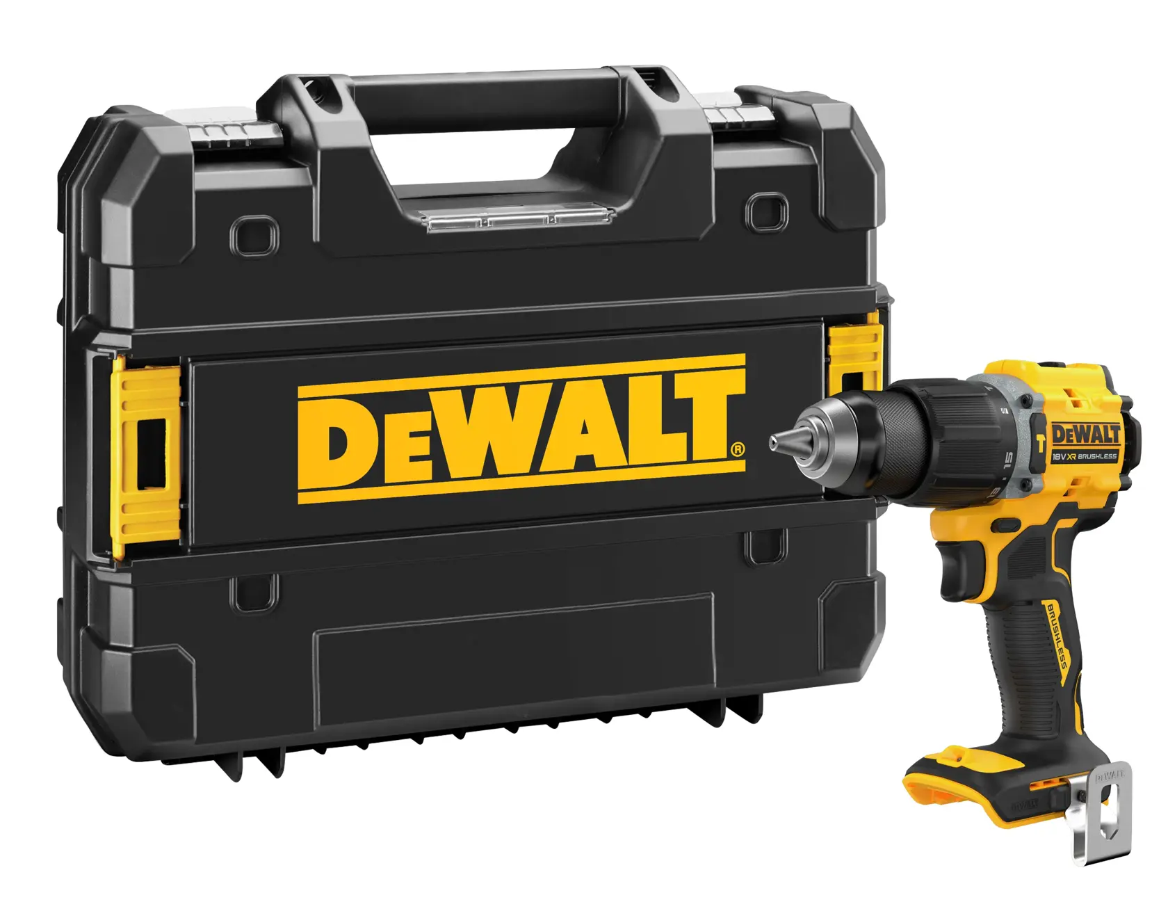 DEWALT Akkubohrmaschine mit schwarzem Koffer, gelben Akzenten und sichtbarem DEWALT-Logo.
