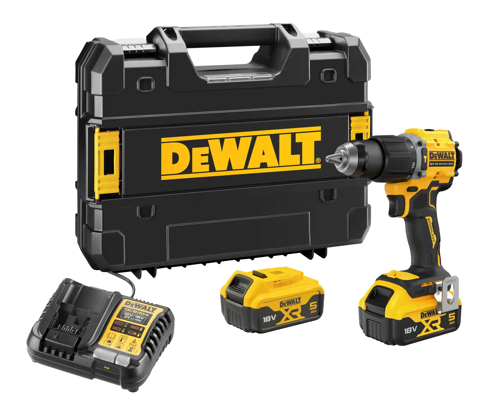 DEWALT-Bohrerset mit Koffer, zwei 18V-Akkus, Ladegerät und kabellosem gelb-schwarzem Bohrer.