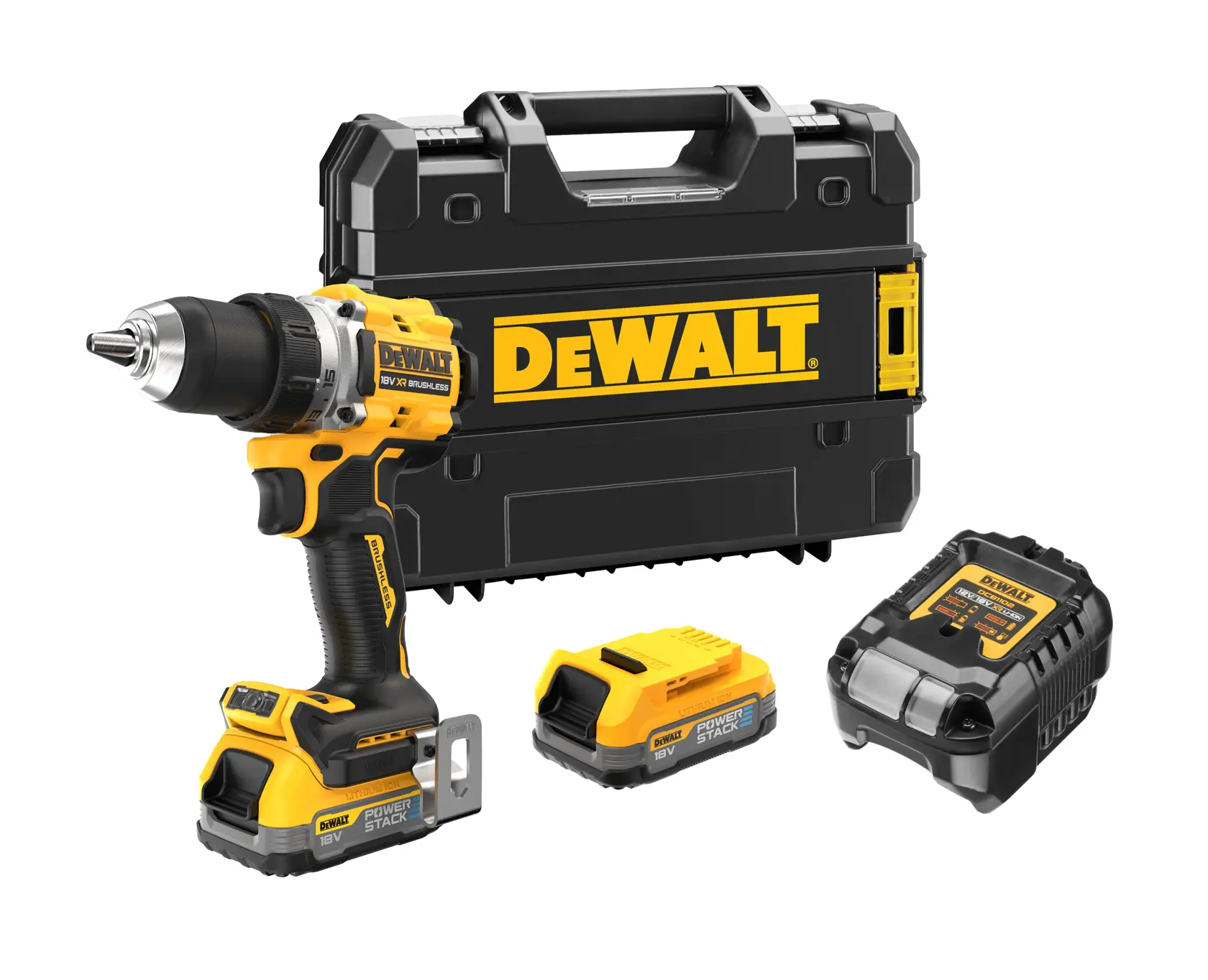 DEWALT Akku-Bohrerset mit Koffer, zwei Akkus und Ladegerät vor weißem Hintergrund.
