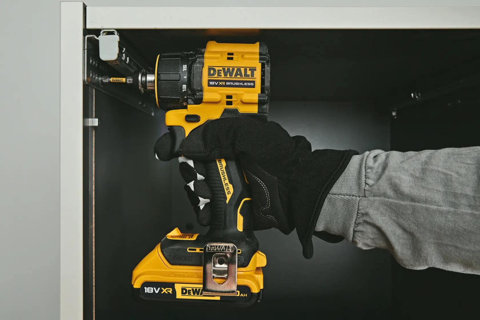 DEWALT DCD803 drill, accessories and case. Includes heads, bit holder, right angle head, organiser with belt hook.