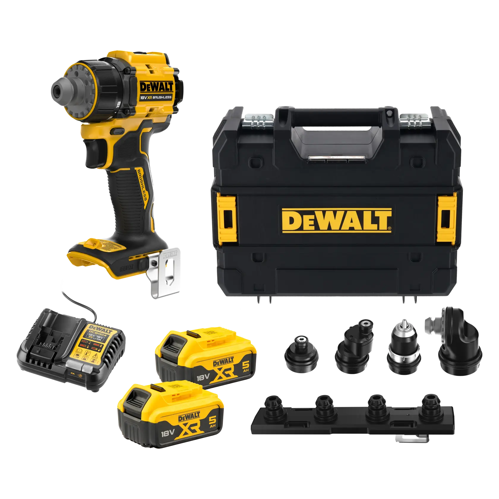 DEWALT drill set, Photography category, SKUs DCD803P2T-QW and DCD803P2T, batteries, charger, case, attachments.