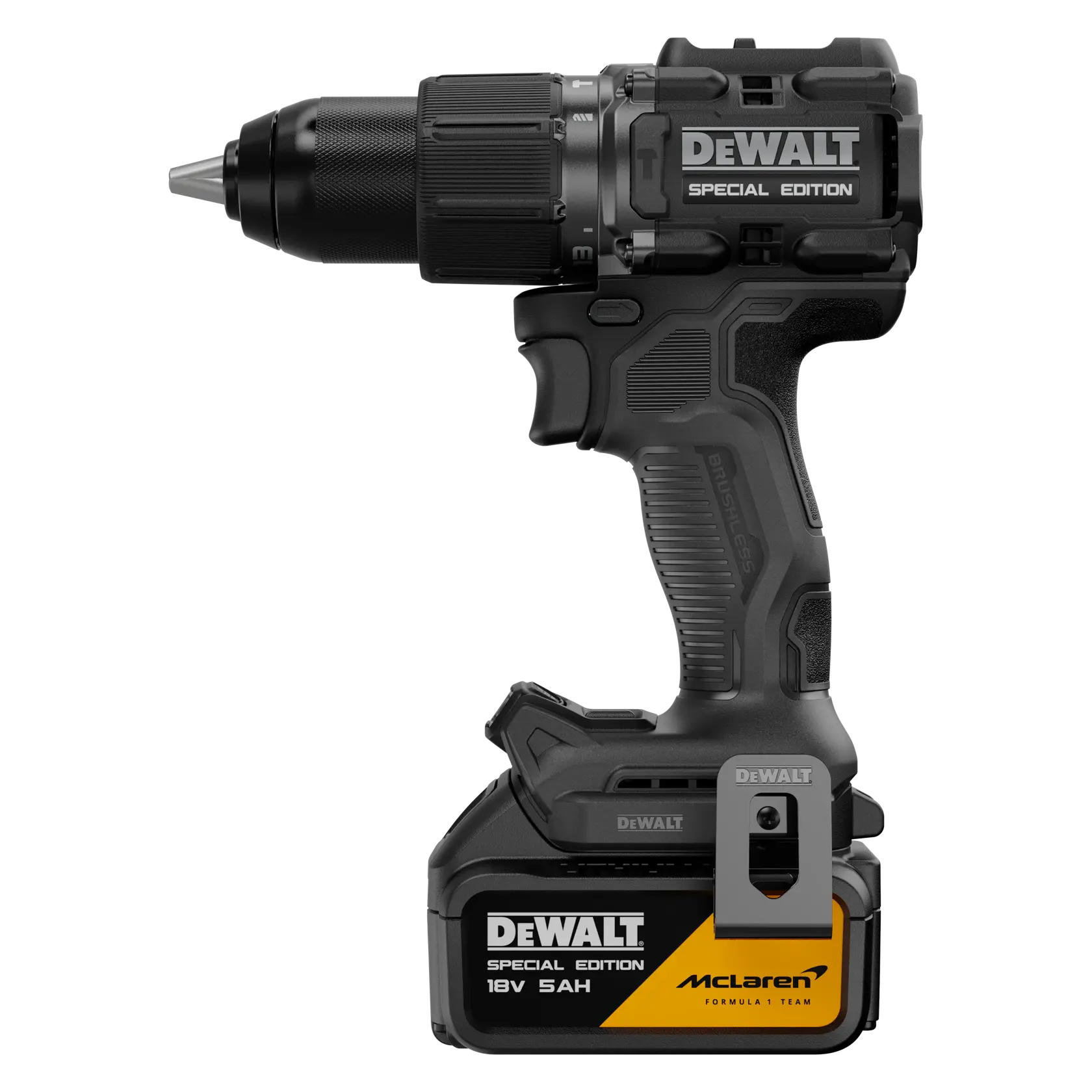DEWALT Fotografiegerät DCD86MP2T-QW, DCD86MP2T Special Edition, 18V McLaren, Seitenansicht.