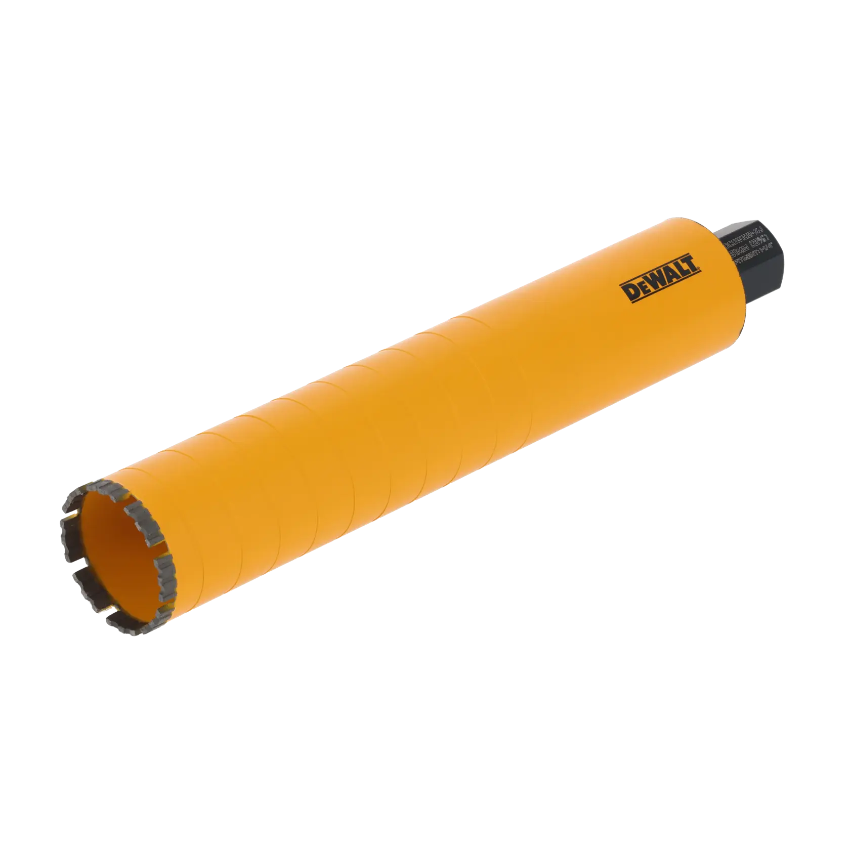 Broca de corona amarilla DEWALT con punta dentada, utilizada para perforar mampostería y concreto.
