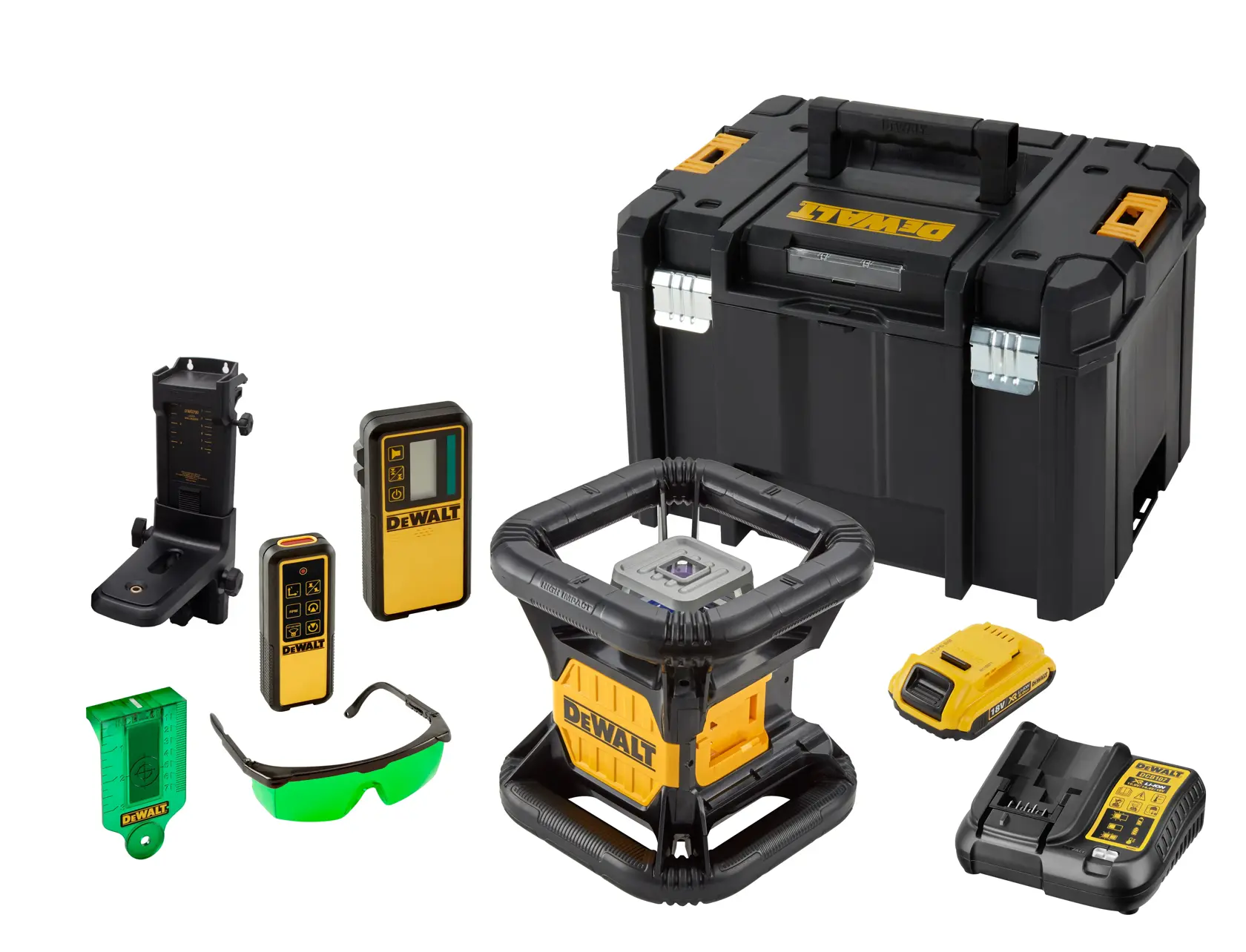 DEWALT Laser-Nivelliergerät-Set DCE079D1G mit Zubehör, einschließlich eines schwarz-gelben Lasergeräts, eines schwarzen Transportkoffers, einer Schutzbrille mit grünen Gläsern, einer Wandhalterung, zwei Fernbedienungen, einer Zielplatte, einem Akku und einem Ladegerät, alles auf weißem Hintergrund angeordnet.