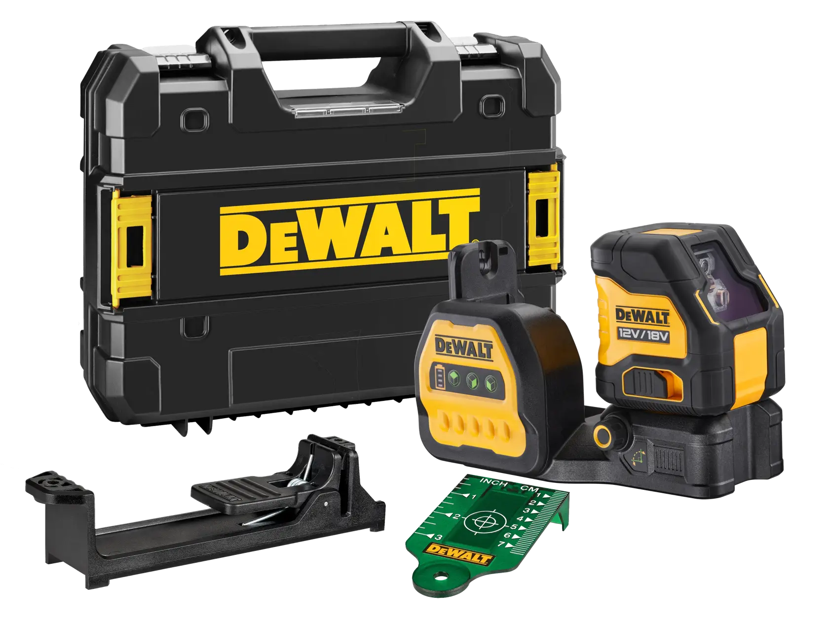 DEWALT Fotografiegerät DCE088NG18-XJ, DCE088NG18. Schwarz/gelb mit Tasten und Batterieanzeige.