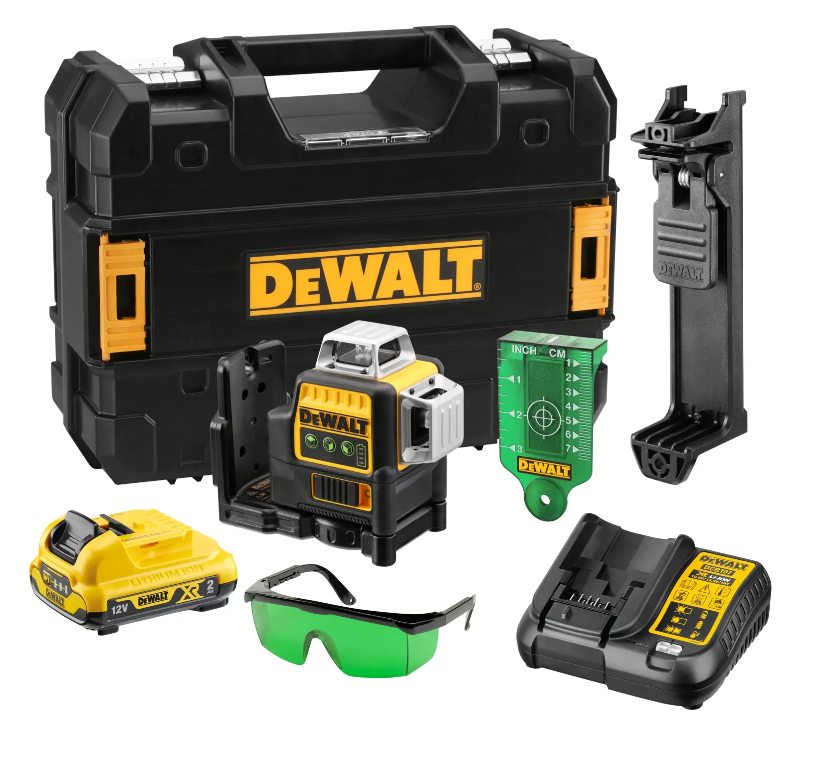 DEWALT 12V grünes Kreuzlinien-Laser-Kit bestehend aus Transportkoffer, Akku, Laservorrichtung, Ladegerät, Montagehalterung, grüner Zielplatte und grüner Schutzbrille.
