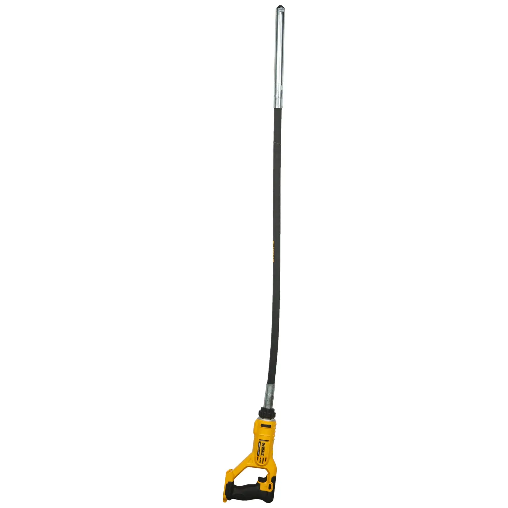 DEWALT Betonvibrator mit langem flexiblem Schaft und gelbem Griff, für Bauarbeiten genutzt.