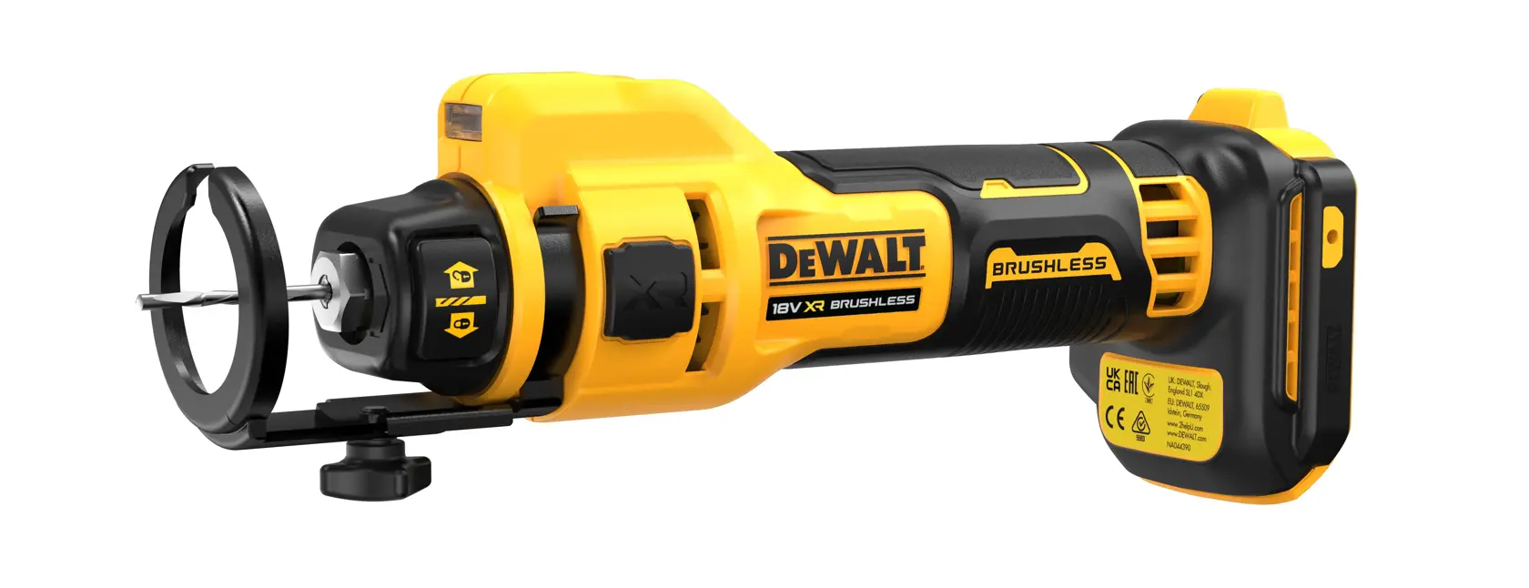 DEWALT kabelloses Drehwerkzeug DCE555N mit bürstenlosem Motor und Schutz auf weißem Hintergrund.