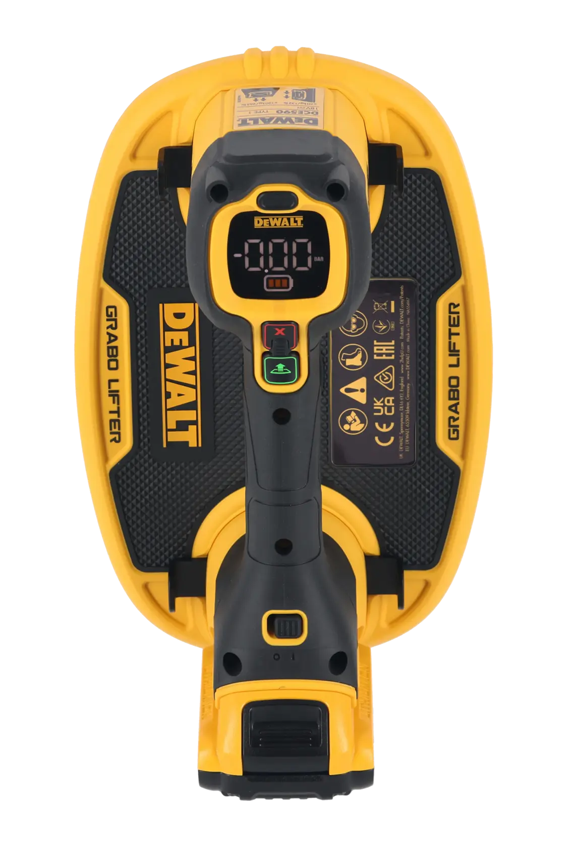 DEWALT Grabo Lifter, Fotografie, SKUs DCE590D1T-QW, DCE590D1T, gelb/schwarz, Draufsicht.