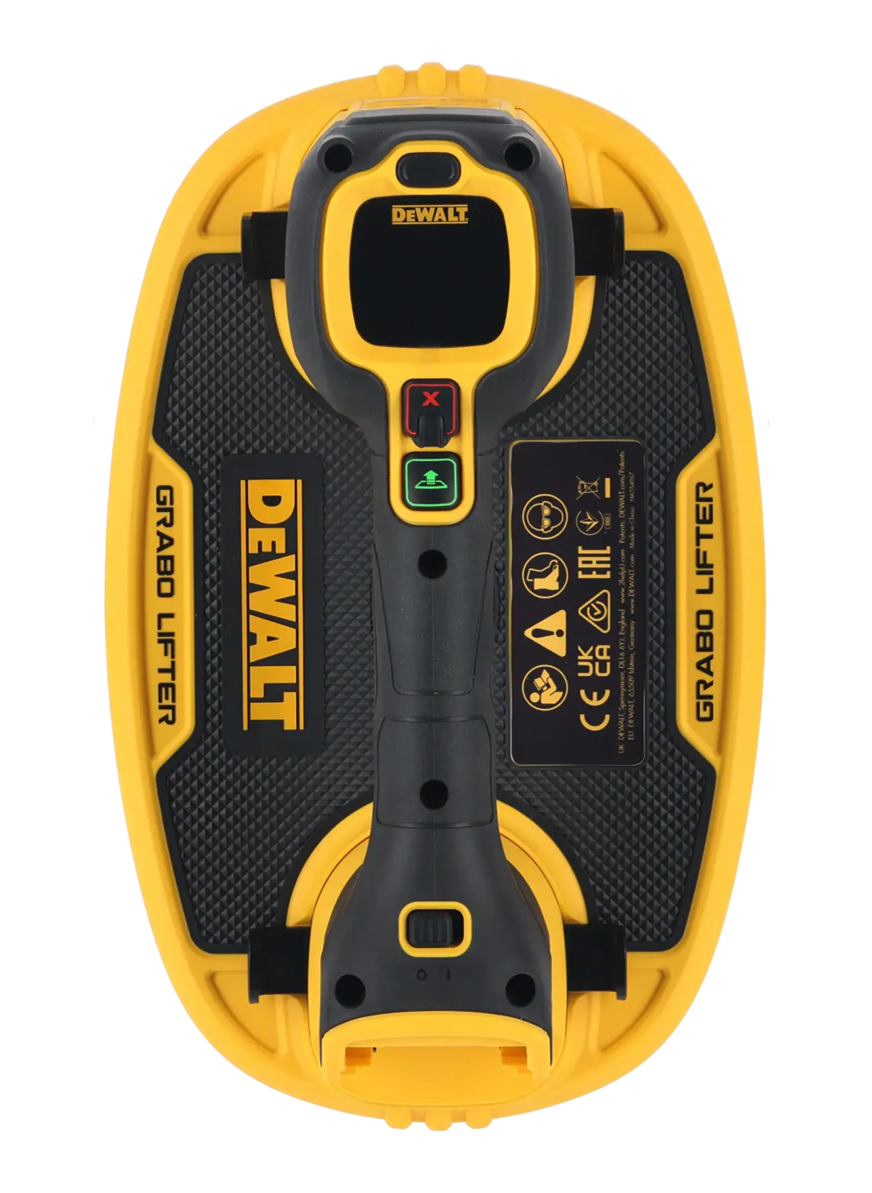 DEWALT GRABO Lifter Werkzeug gelb-schwarz mit Steuerknöpfen und Markenlogo am Griff und Sockel.