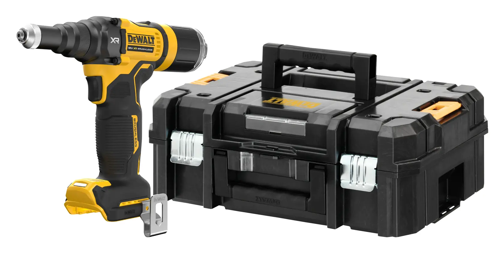 DEWALT Akku-Bohrmaschine in Schwarz-Gelb neben einem robusten schwarzen Werkzeugkoffer mit Griff.