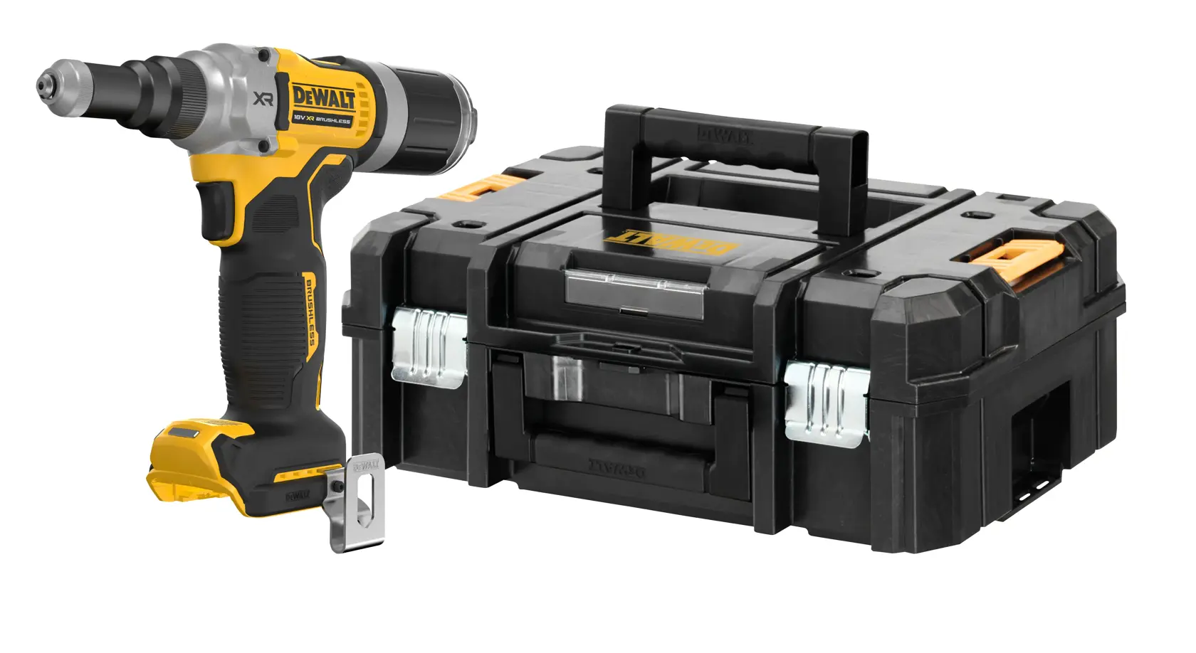 DEWALT kabelloses Werkzeug mit schwarzem Koffer auf weißem Hintergrund.