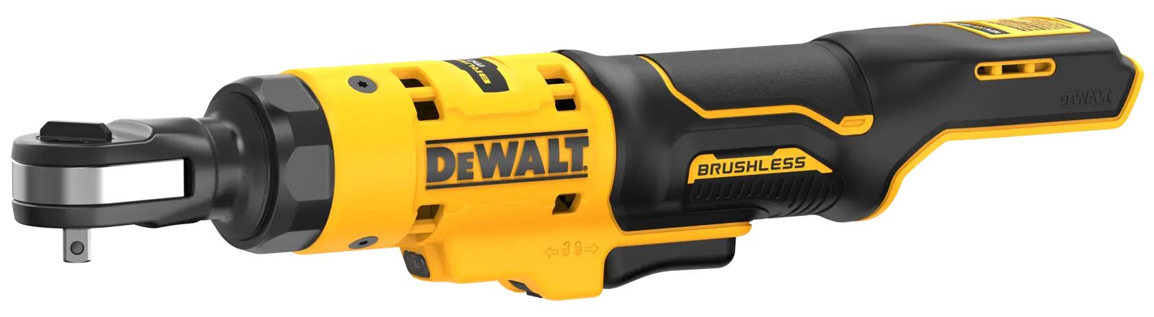 Gelbes und schwarzes DEWALT Akku-Ratschwerkzeug mit bürstenlosem Motor, ergonomischem Griff und kompaktem Design.