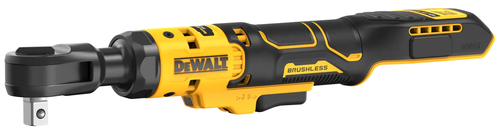 DEWALT kabelloses, bürstenloses Ratschwerkzeug im schwarzen und gelben Design, seitliche Profilansicht.