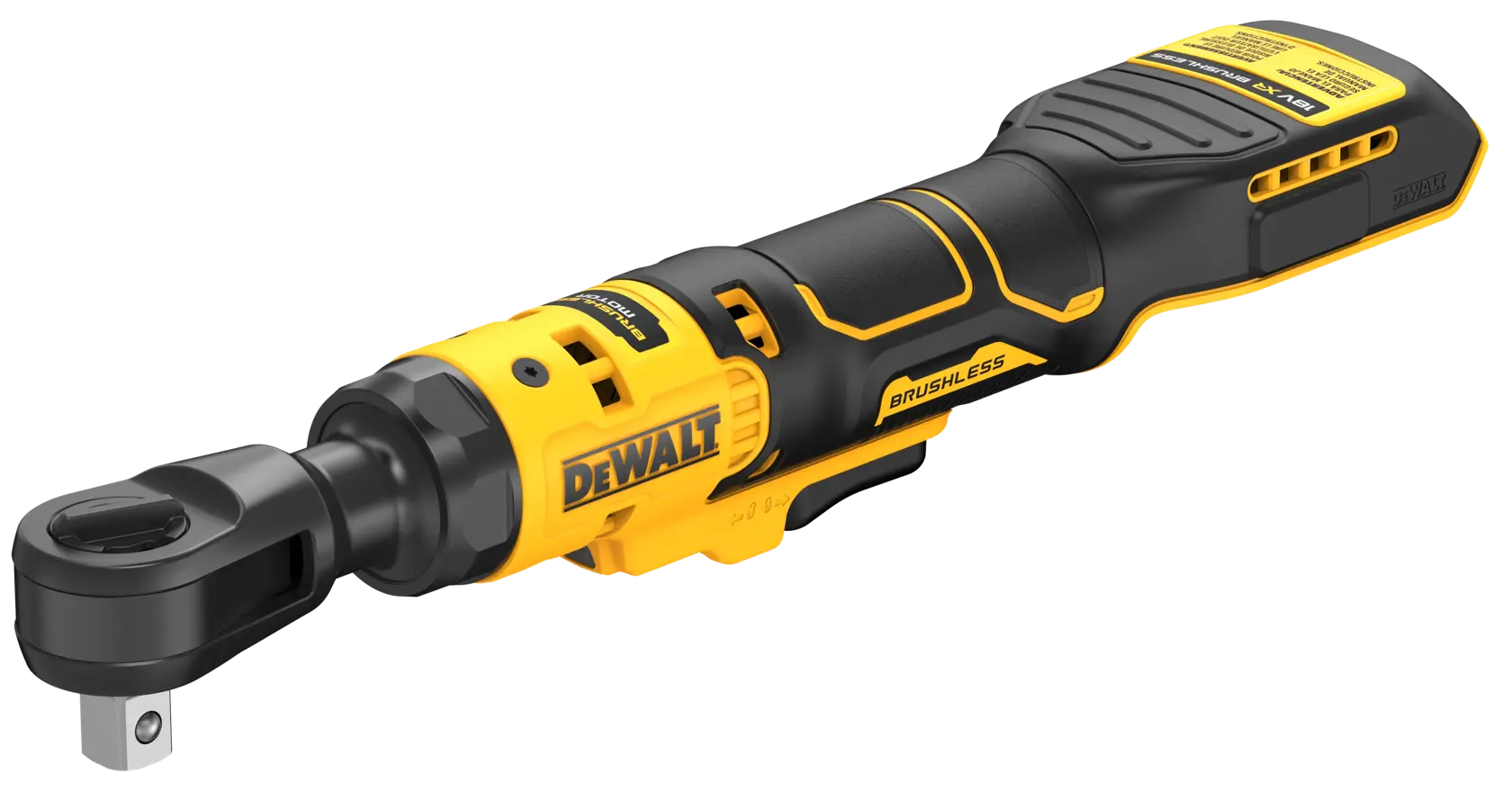 Ein DEWALT DCF512N kabelloses, bürstenloses Ratschenwerkzeug mit gelb-schwarzem Gehäuse, ergonomischem Griff und Auslöser, entwickelt für Befestigungs- und Lösungsarbeiten.