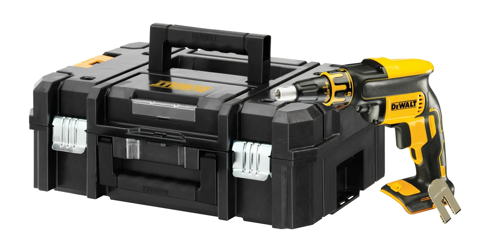DEWALT DCF620NT-XJ Akku-Schrauber, schwarz-gelb, Metallclip, 18V brushless, Seitenansicht.