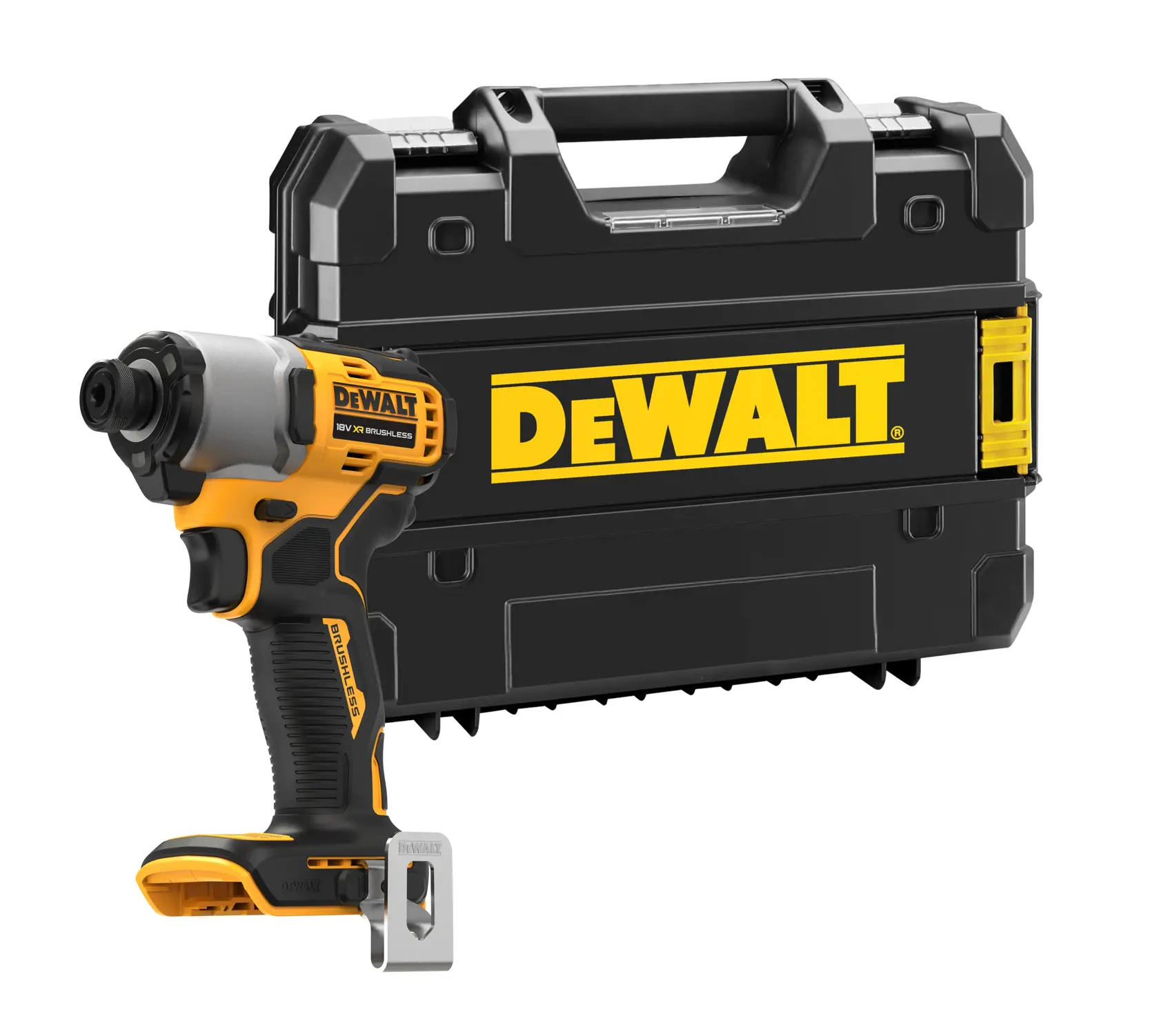 Kabelloser Schlagschrauber von DEWALT im schwarzen und gelben Design, abgebildet mit passendem Hartschalenkoffer mit DEWALT-Logo.