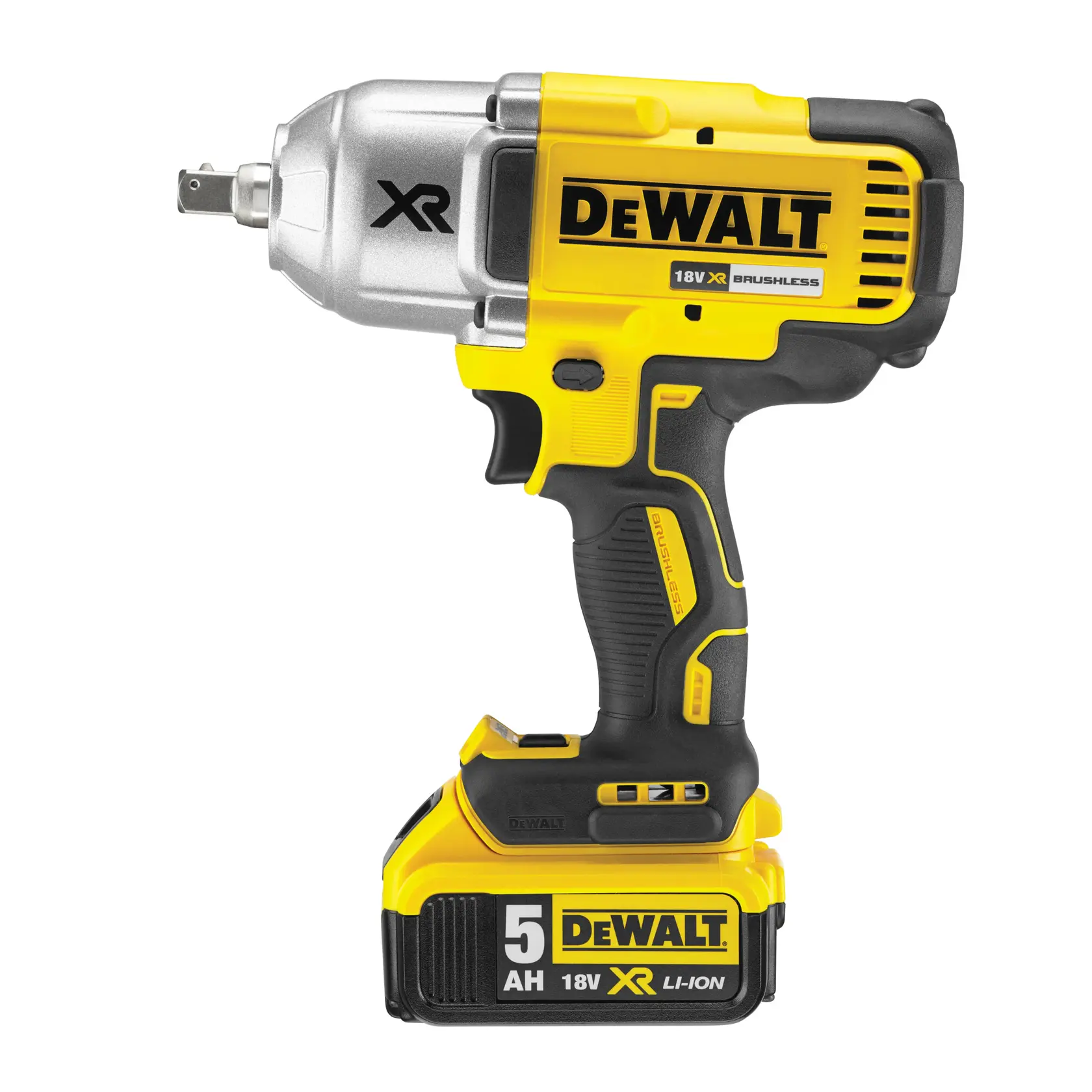 Teilansicht eines kabellosen DEWALT Elektrowerkzeugs mit XR Branding, gezeigt mit einem schwarzen und gelben Griff. Unter dem Werkzeug steht auf einem gelben Banner: „Vielseitige Anwendungen dank Multi-Geschwindigkeitsregelung (0-400/ 1.200/ 1.900 U/min)".