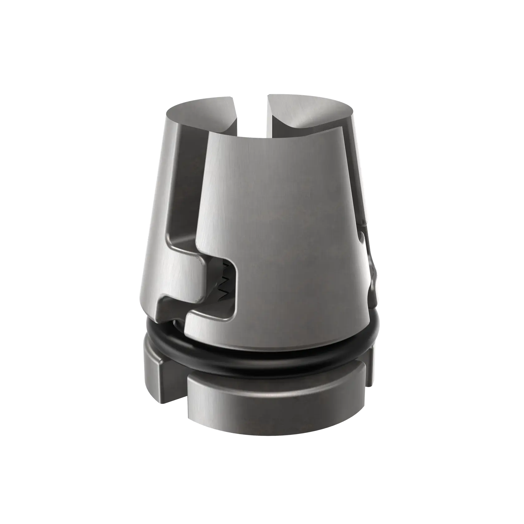 DEWALT Metallspannzange mit schwarzem Ring zum Halten von Werkzeugbits, vor weißem Hintergrund.