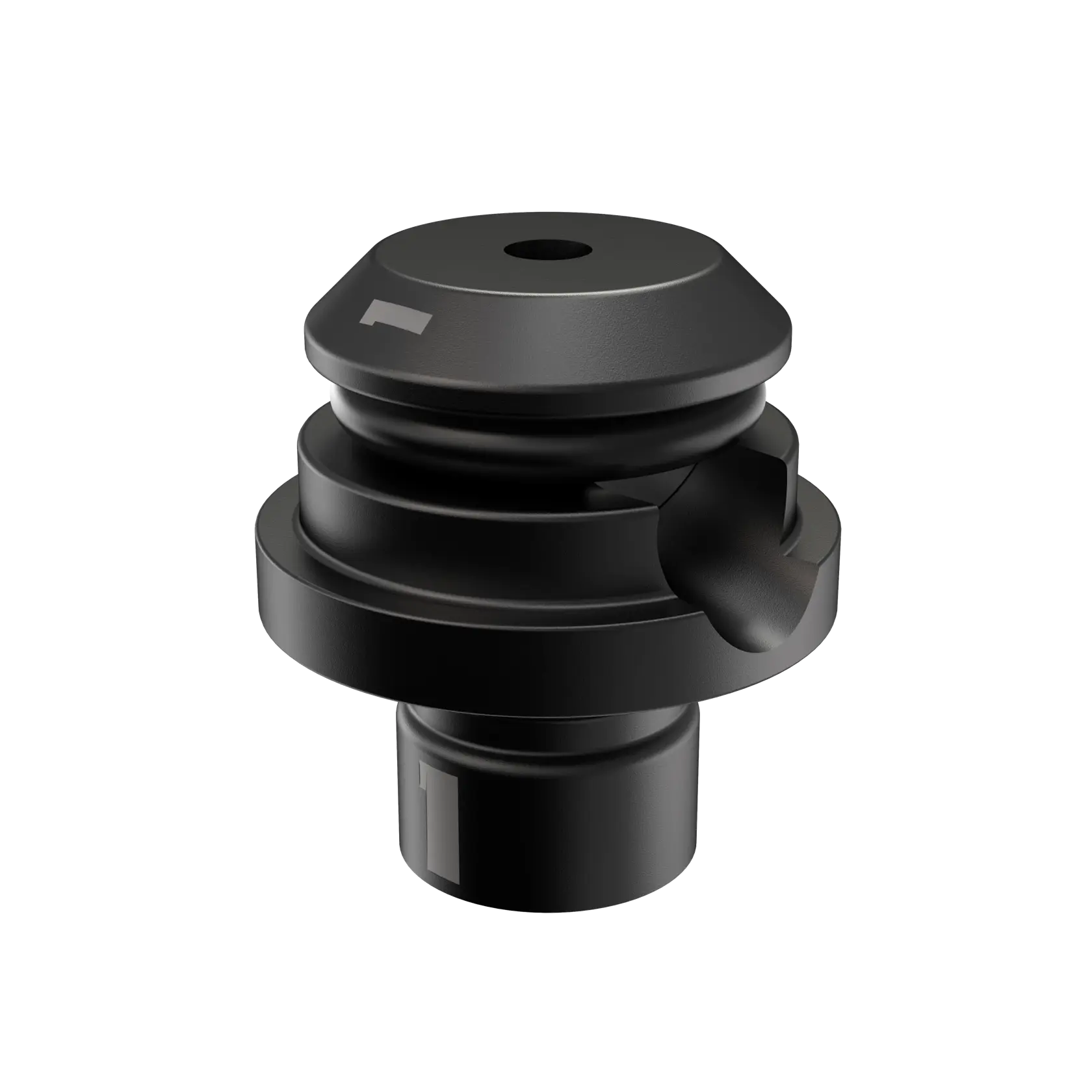 Schwarzer DEWALT Kameraobjektiv-Adapter, kompakte zylindrische Form, vor weißem Hintergrund fotografiert.
