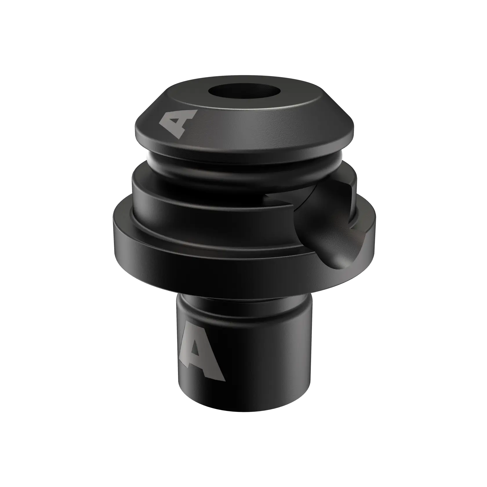 Schwarzer DEWALT DCFA4142 Kameraadapter mit strukturierter Oberfläche auf weißem Hintergrund.