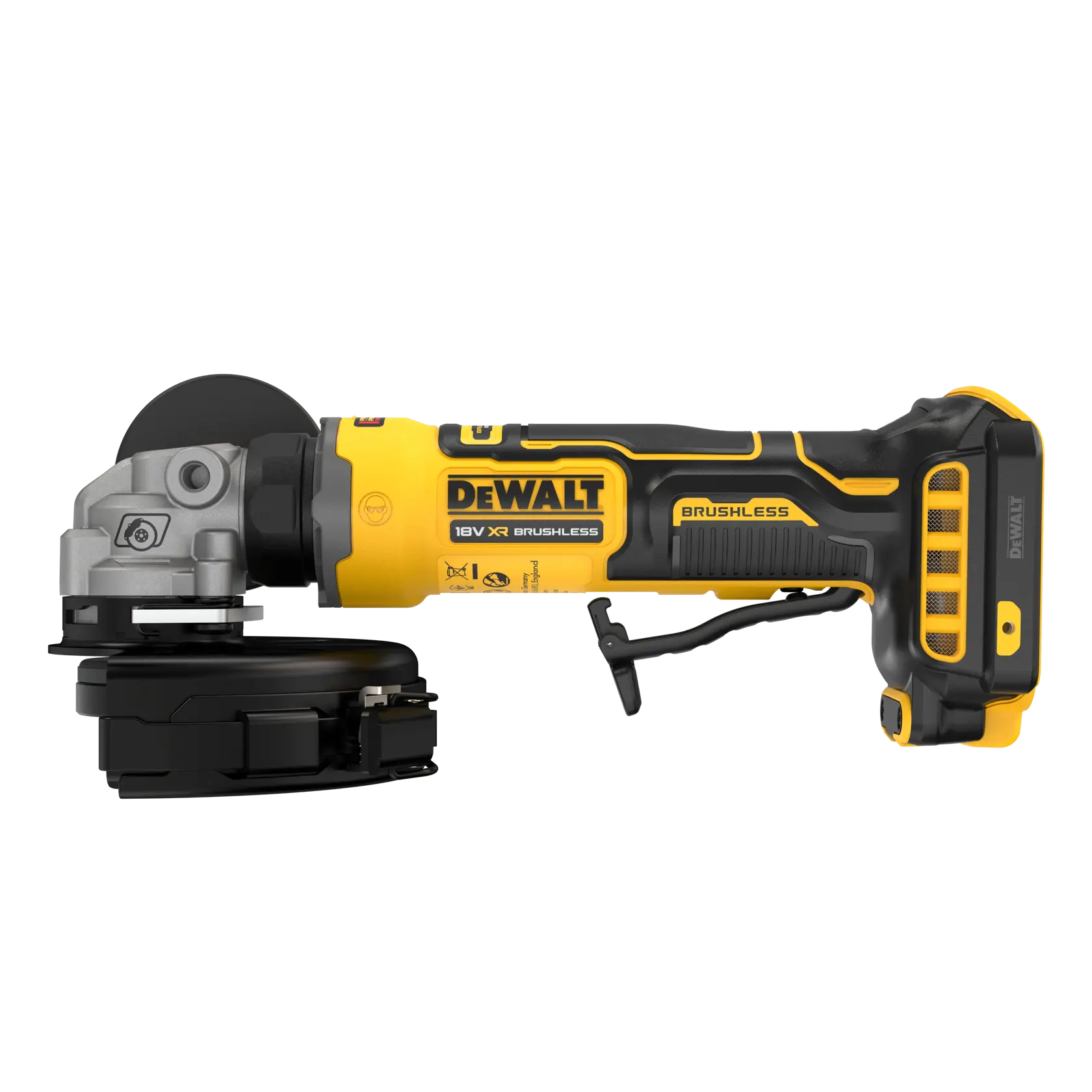 DEWALT 18V XR Akku-Winkelschleifer, bürstenlos, gelb-schwarz, Seitenansicht.