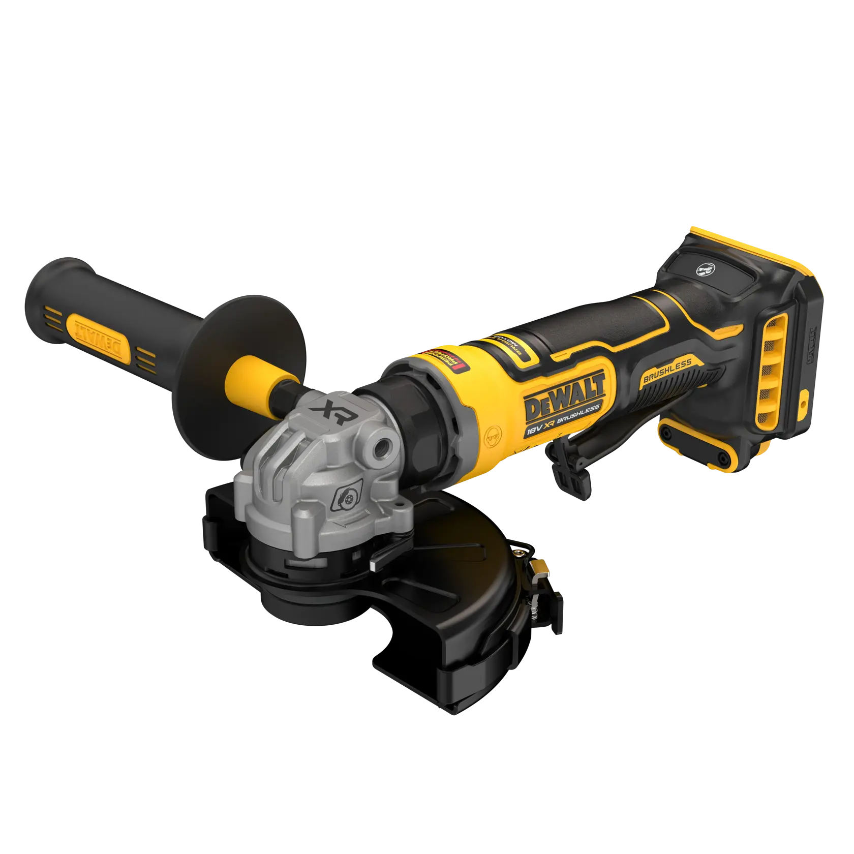 DEWALT Akku-Winkelschleifer mit schwarz-gelbem Griff, bürstenlosem Motor und Schutzabdeckung.