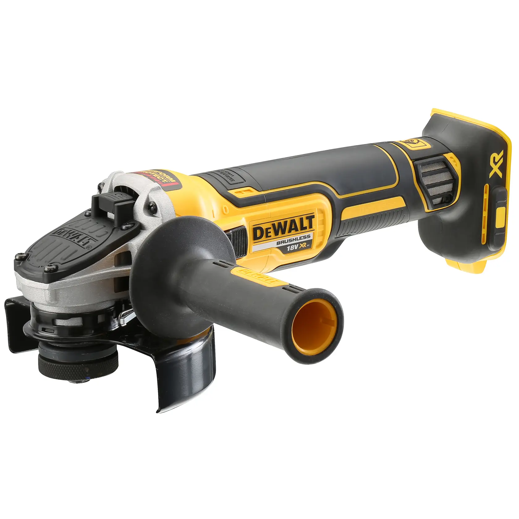 Kabellose DEWALT-Winkelschleifer mit gelb-schwarzem Design, 18V XR bürstenlosem Motor, Seitenhandgriff und Schutzabdeckung.