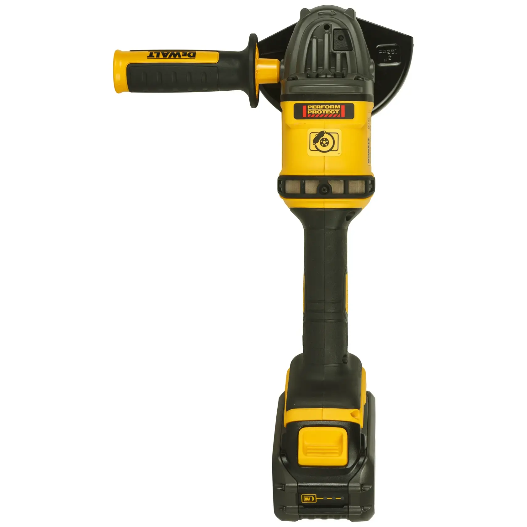 Eine Person mit Handschuhen und Arbeitskleidung benutzt einen kabellosen Winkelschleifer von DEWALT, um Metallstangen auf einer Baustelle zu schneiden, wobei Funken fliegen.