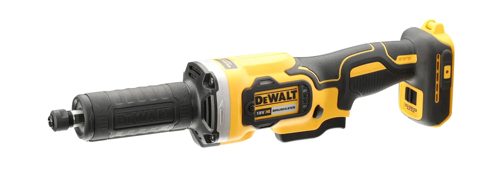 Ein DEWALT DCG426N kabelloser gerader Schleifer in Gelb und Schwarz, ohne Akku gezeigt, mit ergonomischem Griff und bürstenlosem Motor.
