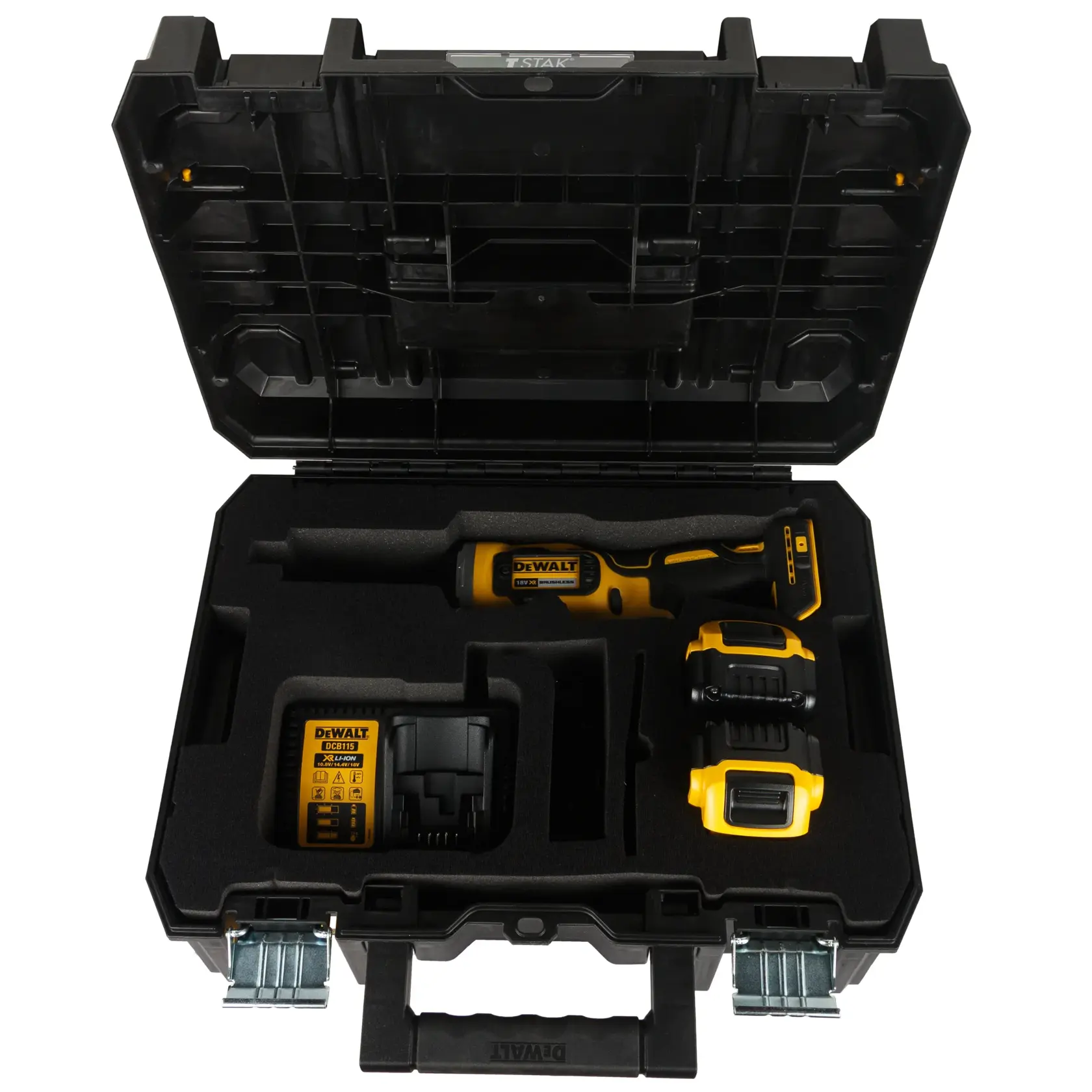 Ein DEWALT kabelloses Rotationswerkzeug-Set in einem schwarzen, mit Schaumstoff ausgekleideten Hartschalenkoffer, das das Werkzeug, zwei Akkus und ein Ladegerät enthält.