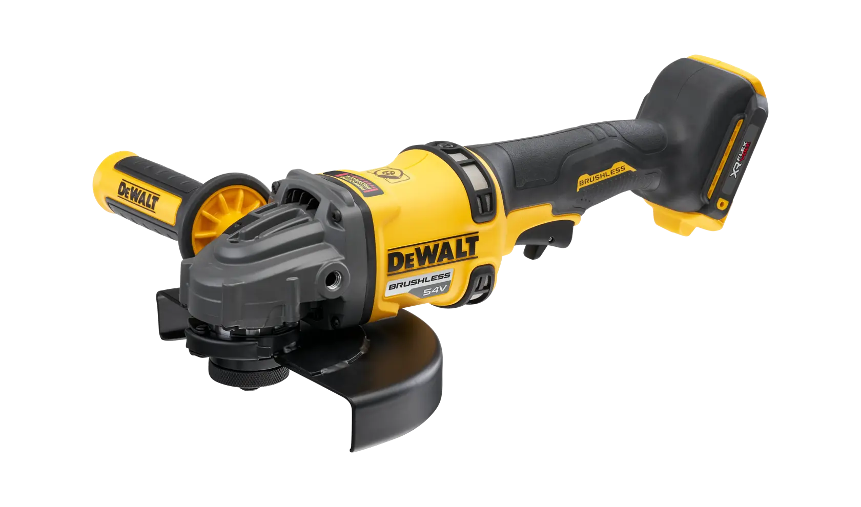 DEWALT kabelloser Winkelschleifer mit bürstenlosem Motor, gelb-schwarz, Seitengriff, 54V Akku.