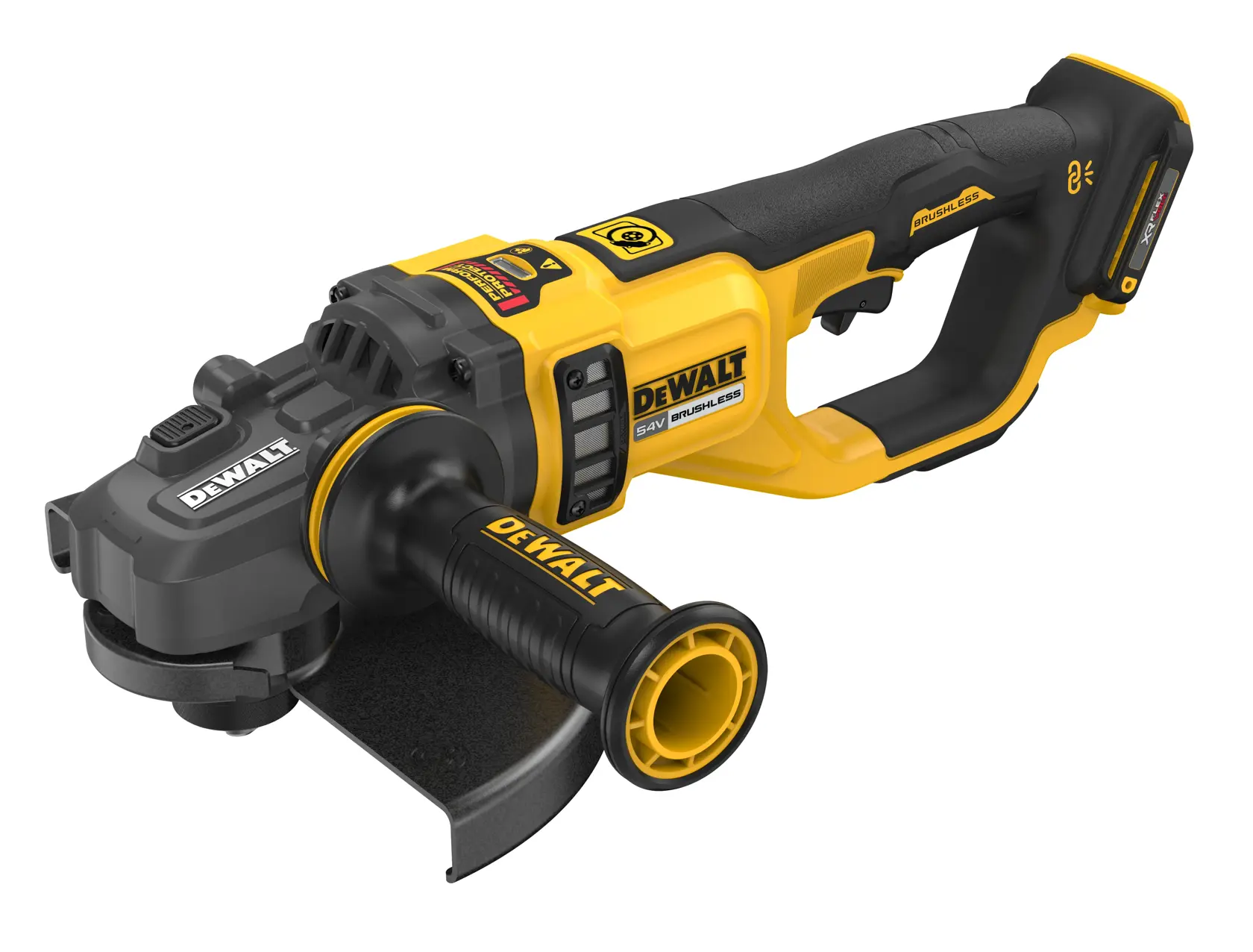 DEWALT 54V Akku-Winkelschleifer mit Seitengriff, schwarz-gelbes Design, auf weißem Hintergrund.