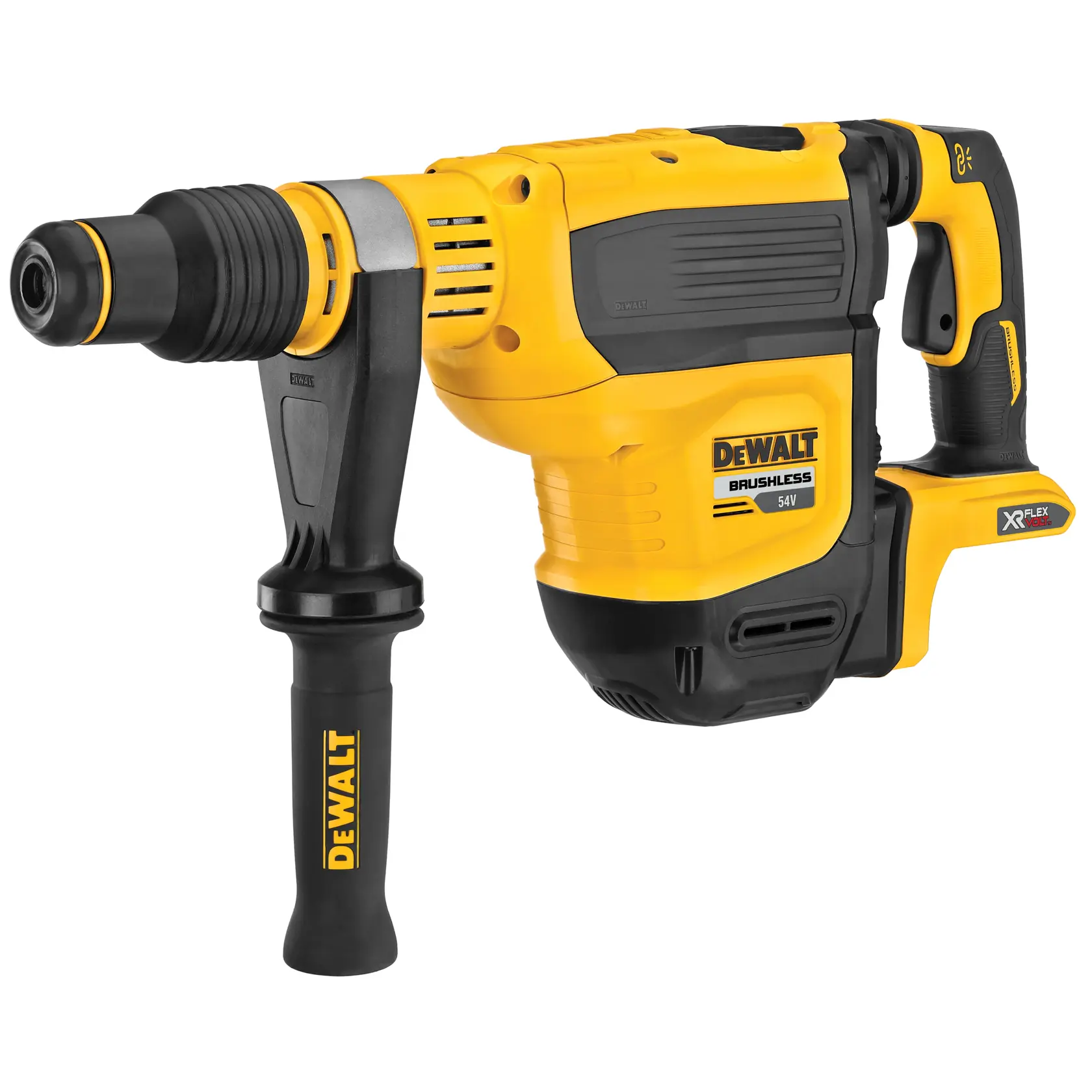 DEWALT DCH614N 54V bürstenloser Bohrhammer mit Seitengriff, gelb-schwarzes Gehäuse.